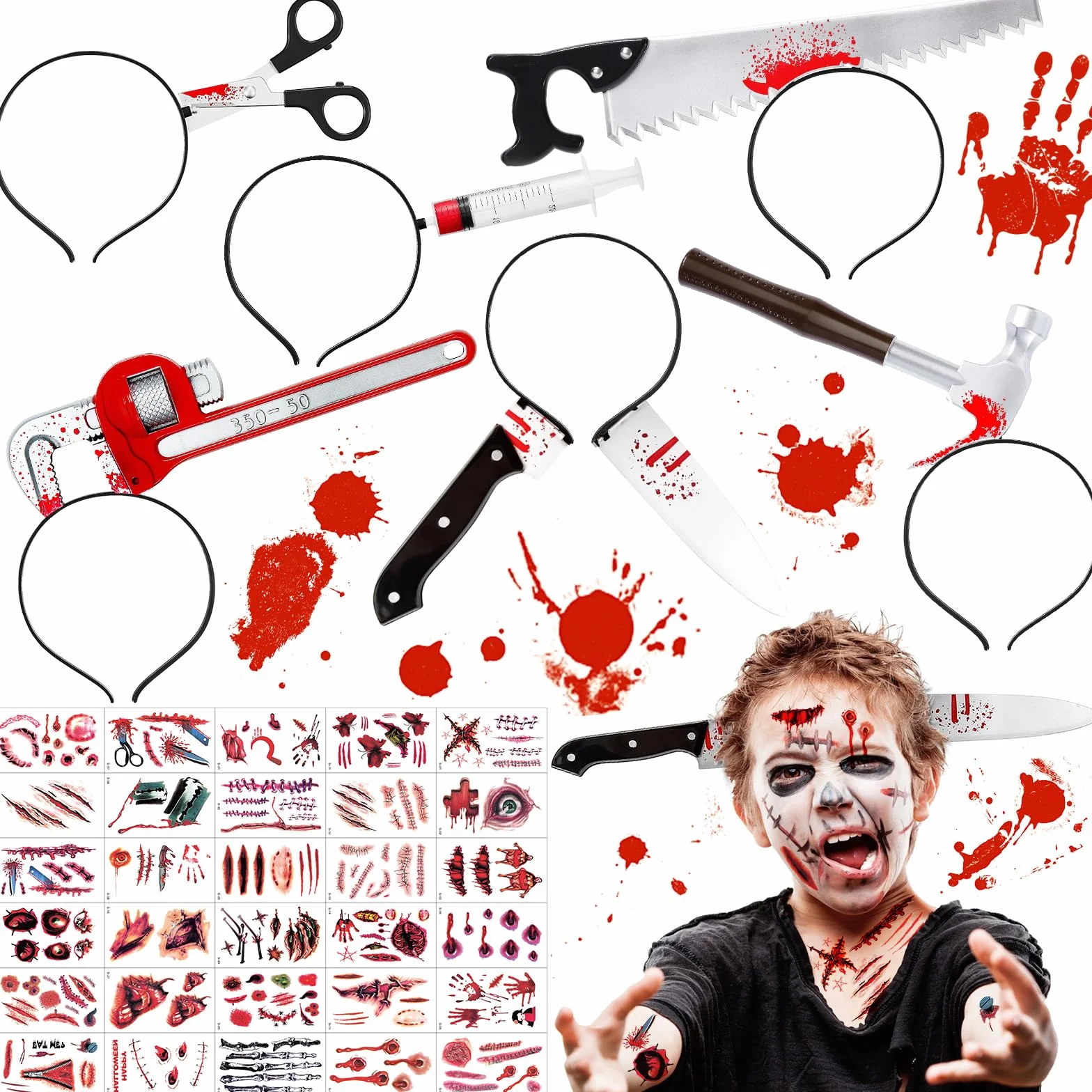6 sztuk noży w głowie, akcesoria na Halloween, 30 naklejek z tatuażami blizn, opaska na włosy na Halloween, siekiera na Halloween, akcesoria na imprezę karnawałową