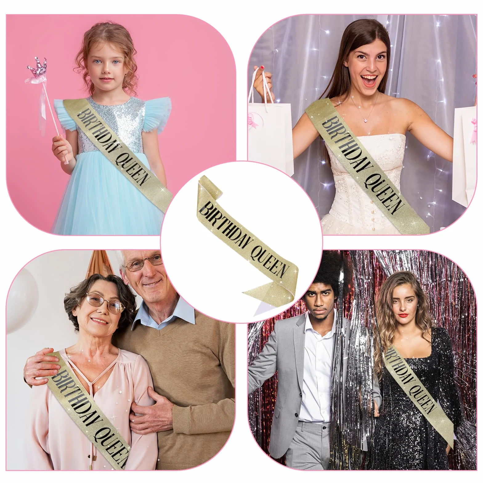 Szarfa urodzinowa, błyszcząca szarfa urodzinowa Queen/Girl, błyszcząca złota szarfa urodzinowa z szpilką, akcesoria na przyjęcie urodzinowe dla kobiet i dziewcząt (królowa urodzinowa)