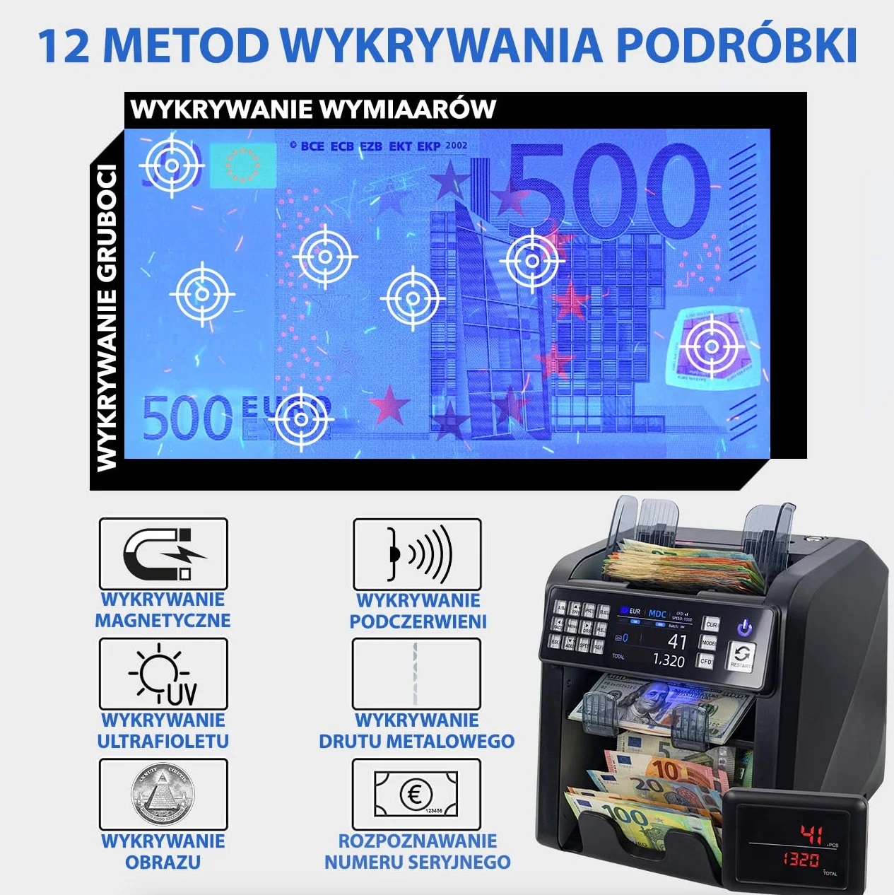 MV-600 Licznik Banknotów | Sortownik Banknotów do Mieszanych Banknotów z 12-krotnym Wykrywaniem Fałszerstw | PLN EUR USD GBP SEK itd. | Maszyna do Liczenia Banknotów