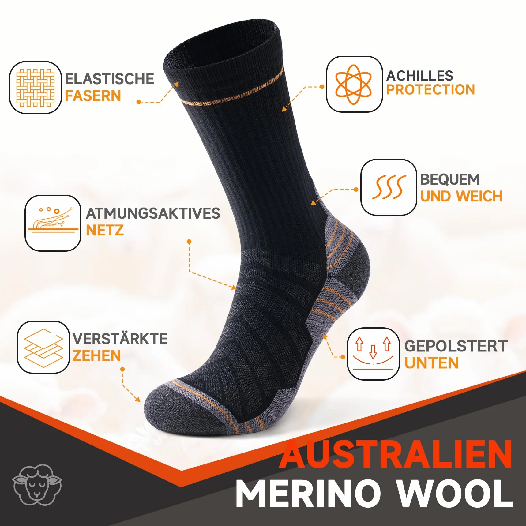 Alaplus Merino Socks Wełniane skarpety outdoorowe i trekkingowe, profesjonalne skarpety turystyczne z wełny merynosów, skarpety sportowe, 3 pary
