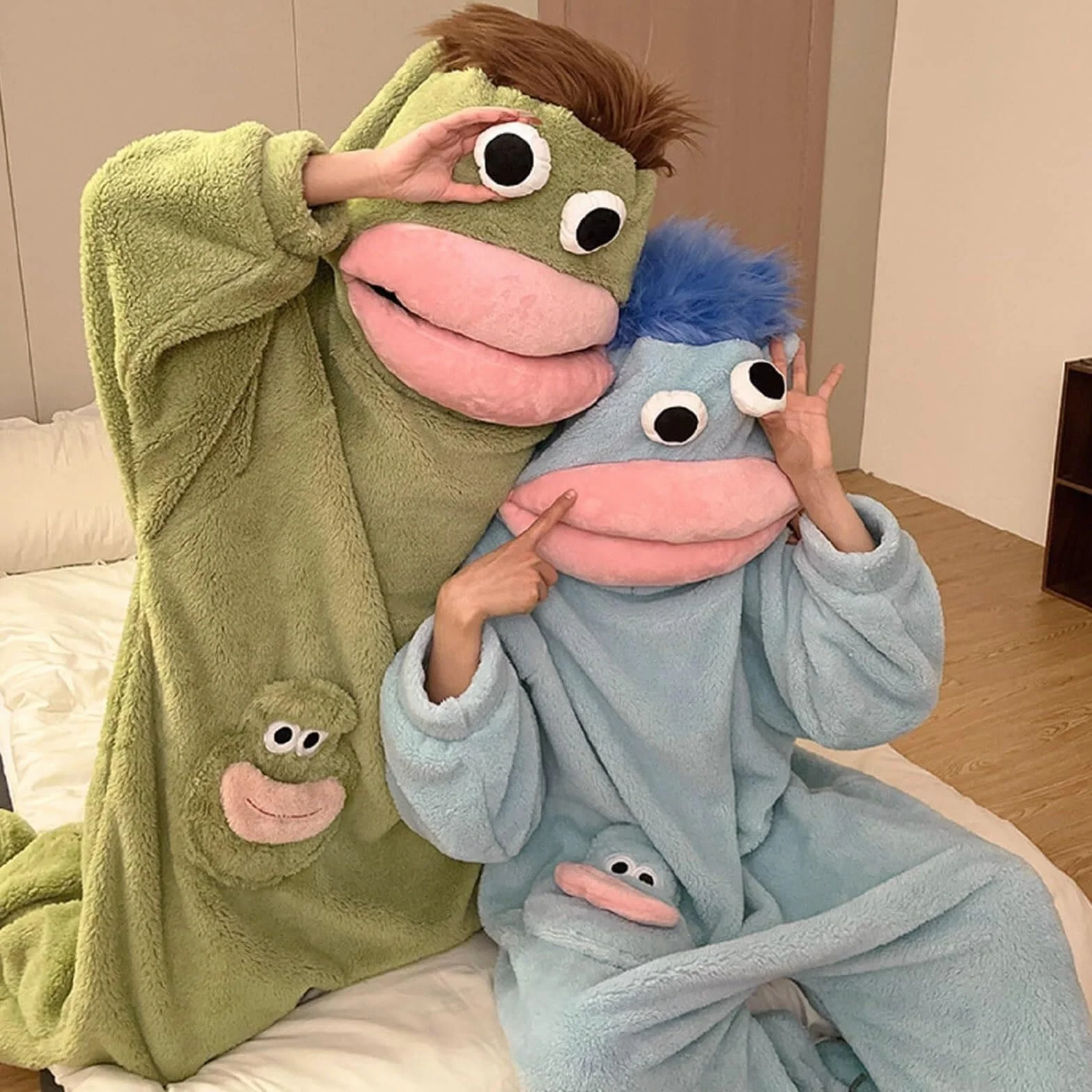 Adult Silly Monster Onesie Pajamas Unisex Big Mouth Goofy Hooded Plush One Piece Loungewear Warm Soft Animal Costume Sleepwear with Hood and Pockets