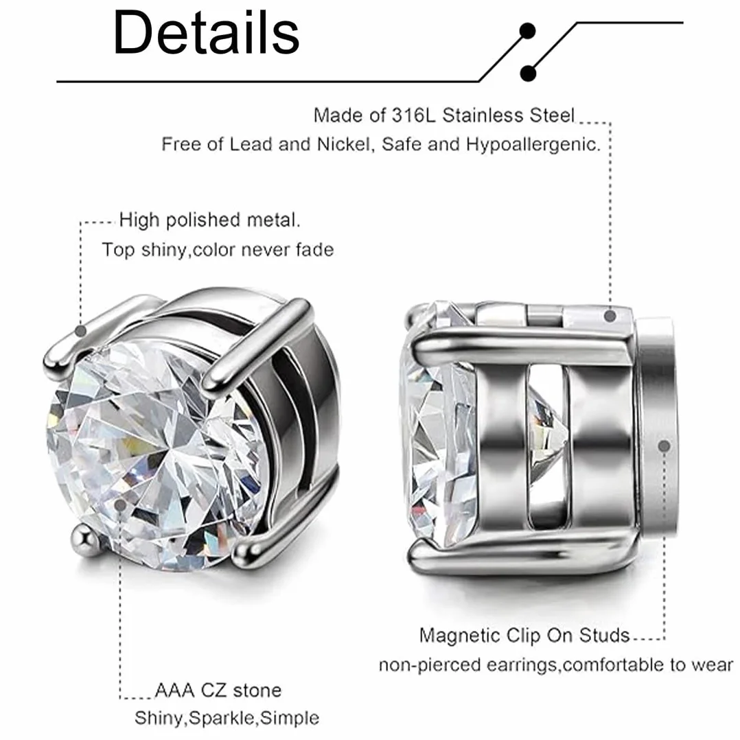 2 pary magnetycznych kolczyków ze stali nierdzewnej dla mężczyzn i kobiet unisex bez przekłuwania fałszywych magnesów zestaw kolczyków, 6/8 mm, srebrny, M, Stal nierdzewna