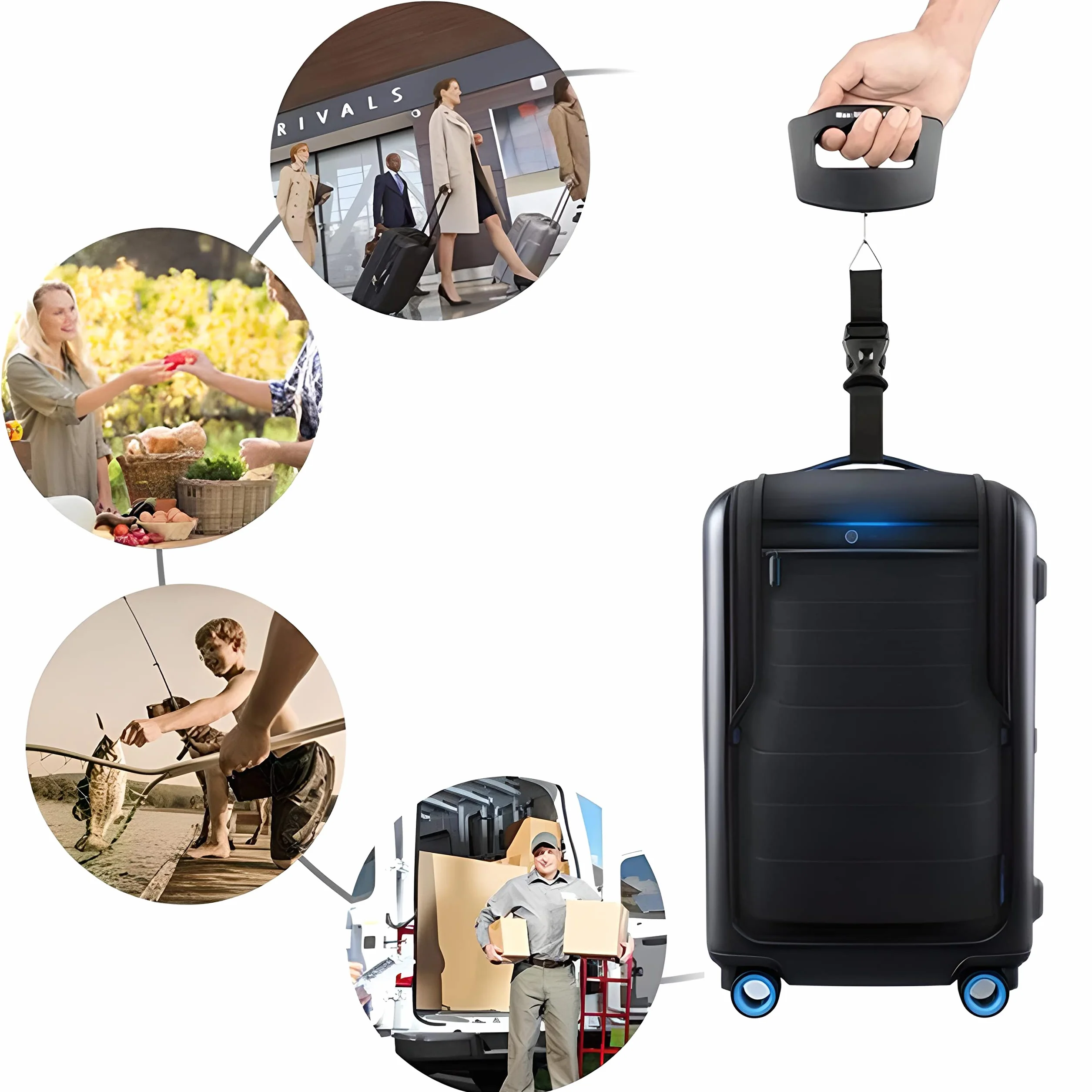 Retoo Cyfrowa waga bagażowa, wyświetlacz LCD, podświetlenie tła LCD, przenośna waga wisząca do walizek, ryb i toreb do 50 kg, funkcja tara, praktyczna w podróży, na baterie, stal nierdzewna, czarna