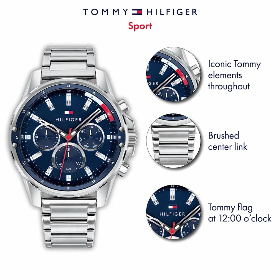 Tommy Hilfiger Analogowy, wielofunkcyjny zegarek kwarcowy dla mężczyzn, z bransoletą ze stali nierdzewnej lub paskiem silikonowym