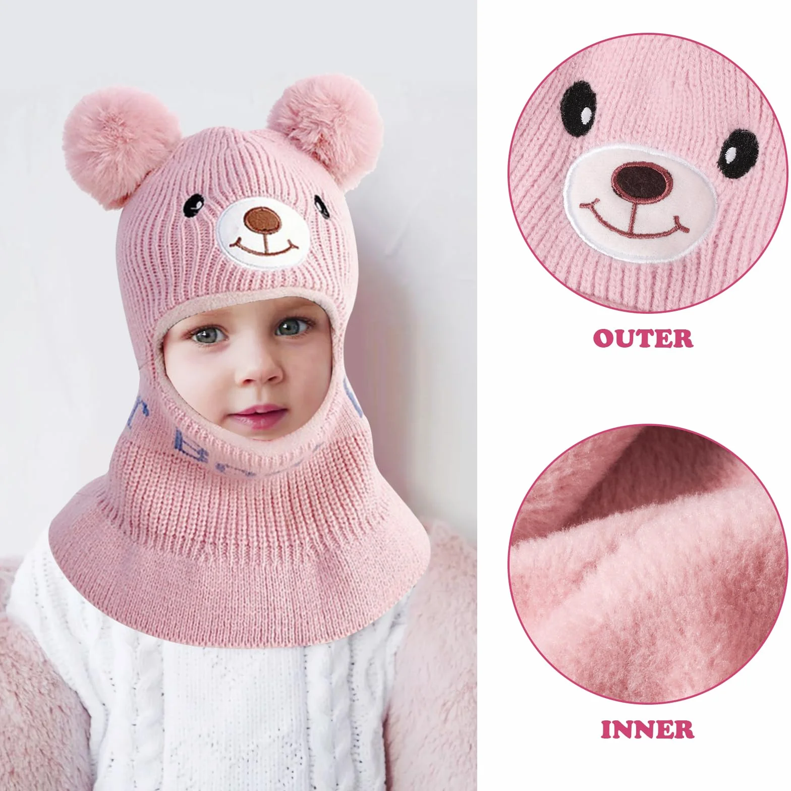 Dziecięca czapka dla dziewcząt i chłopców, ciepła czapka z podszewką polarową, urocza, wiatroszczelna, z pomponem, beanie, szal