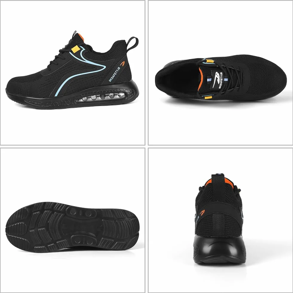 OFFCUP Męskie buty ochronne, buty ochronne, buty robocze ze stalowym noskiem, lekkie, wygodne buty ochronne, buty robocze, trampki przemysłowe, z poduszką powietrzną, czarne