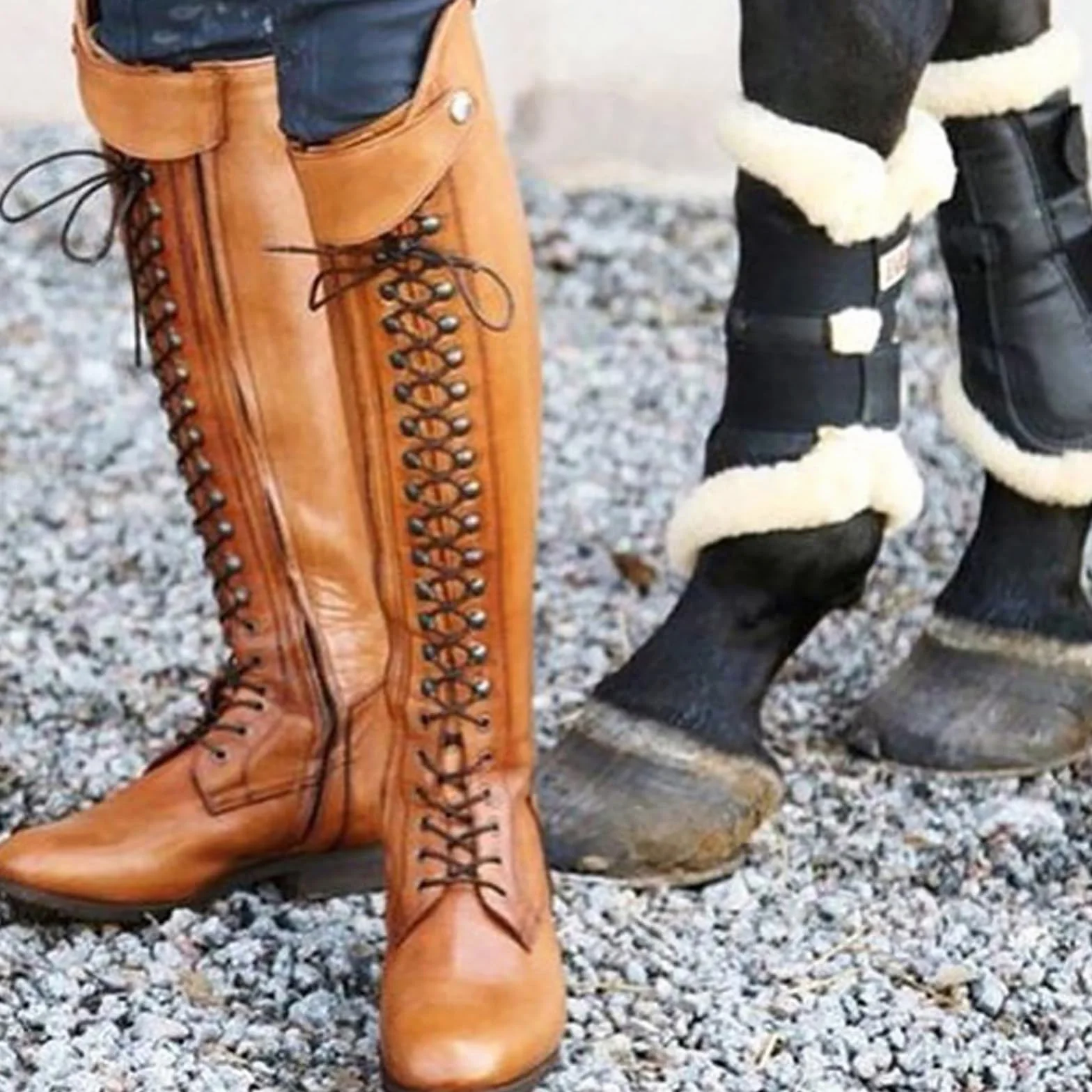 Termiczne Buty Jeździeckie (34-43), Wysokie Buty Do Jazdy Konnej, Sznurowane + Spiczasty Nosek, Antypoślizgowe + Wodoodporne, Niski Obcas (1-3 Cm), Dla Obu Płci/Na Zimę,36,Brown