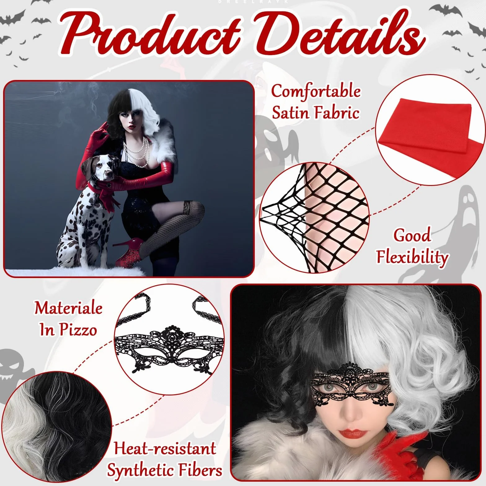 9 sztuk kostiumu Cruella dla kobiet, Halloween, Cruella, Devil, zestaw akcesoriów z sukienką, krótką, czarno-białą peruką, koronkową maską, rękawiczkami, naszyjnikiem, pończochami siatkowymi