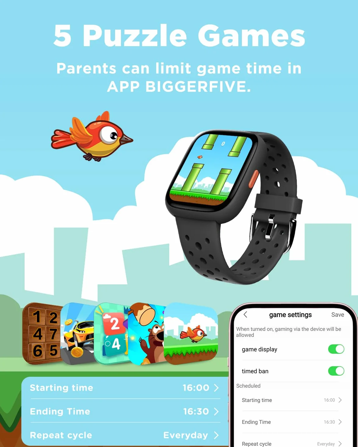 BIGGERFIVE Smartwatch dla dzieci, 1,8" zegarek fitness z krokomierzem, 24/7 pomiar tętna, monitorowanie snu, alarm wibracyjny, klasa wodoszczelności IP68, gry logiczne z/bez aplikacji, dla dziewczynek