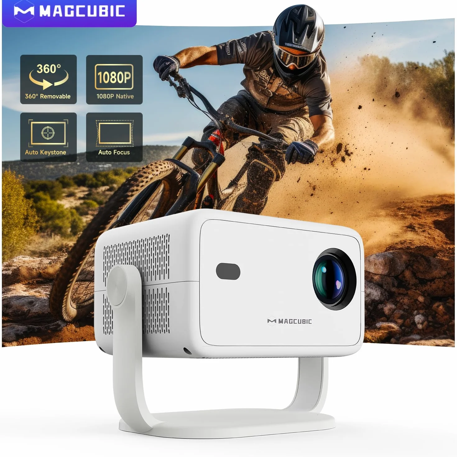 Magcubic Mini Smart Beamer 4K 1080p Supported, przenośny projektor z systemem WiFi 6 Bluetooth 5.4, autofokus HY350 max 12 W, obracany o 180°, inteligentny projektor, kino domowe (Biały)