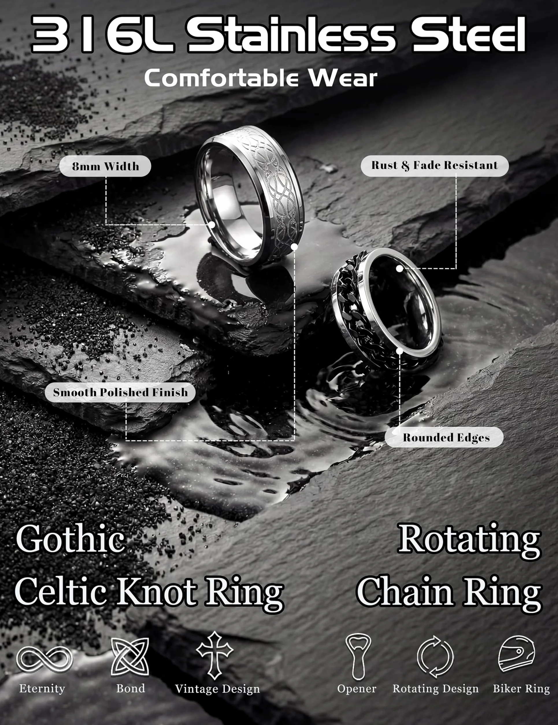 JeweBella 6 sztuk Męskie Pierścionki Ze Stali Nierdzewnej Polerowane Srebrne Pierścionki Czarny Łańcuch Vintage Celt Węzeł Pierścień Wikingów Vintage Gothic Punk Pierścień dla Mężczyzn Kobiety Rozmiar