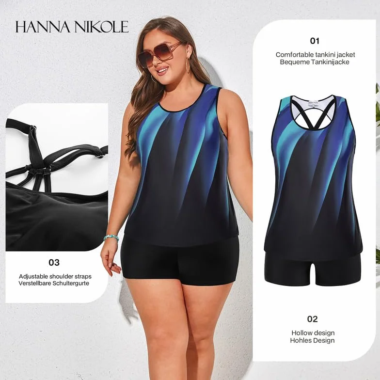 Hanna Nikole Tankini damski, sportowy, duże rozmiary, trójczęściowy, z wyciętym zbiornikiem, górna część z szortami typu push up, kostium kąpielowy damski