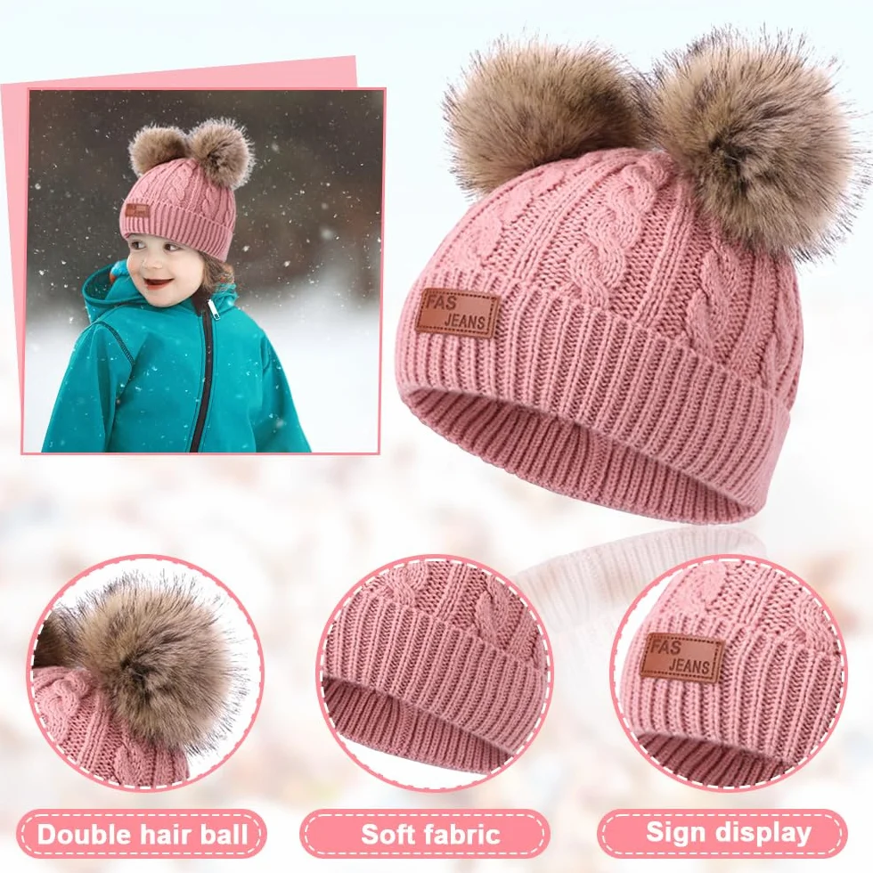 Mineup Dziecięca czapka zimowa 3 w 1, zestaw rękawiczek, ciepła zimowa czapka z dzianiny, czapka dziecięca, czapka beanie, szalik, rękawiczki z dzianinową czapką dla dziewczynek w wieku 1-5 lat