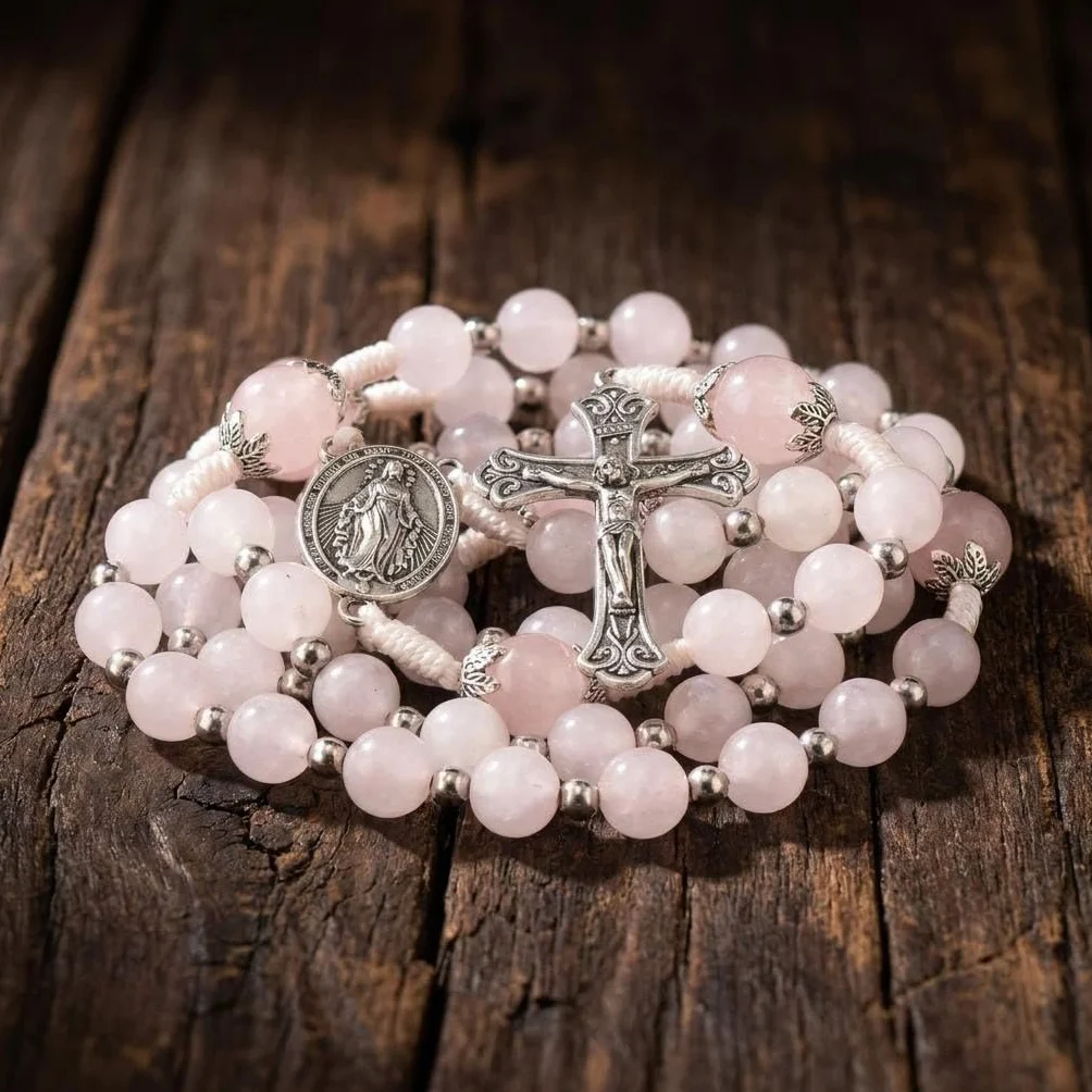 Nazareth Store 8 mm biały jadeit i 10 mm różowy kwarc koraliki różaniec naszyjnik św. cudowny medal i krzyż krucyfiks katolickie koraliki modlitewne, 21", Kamień szlachetny, Bez kamieni szlachetnych