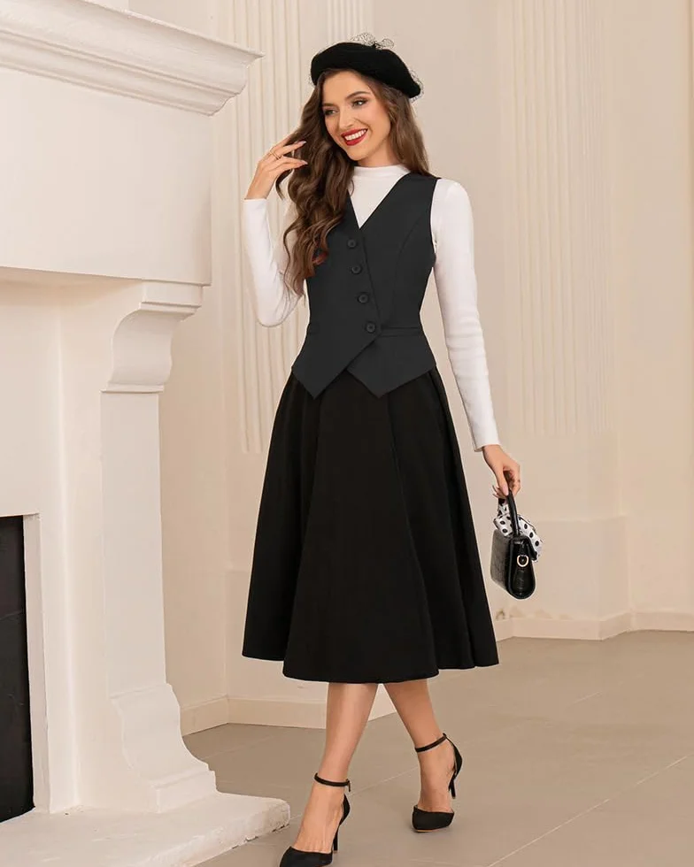 Belle Poque Kamizelka damska, top, vintage, dekolt w serek, ukośna, jednorzędowa, z kieszeniami, bez rękawów, blezery, kurtki