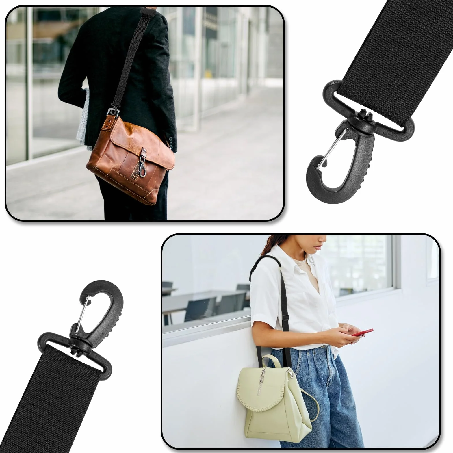 TIESOME Uniwersalny zapasowy pasek na ramię do laptopa, 150 cm, regulowany pasek do torby marynarskiej z metalowymi haczykami, do teczki, laptopa, torby kurierskiej, torby crossbody, bagażu, aparatu