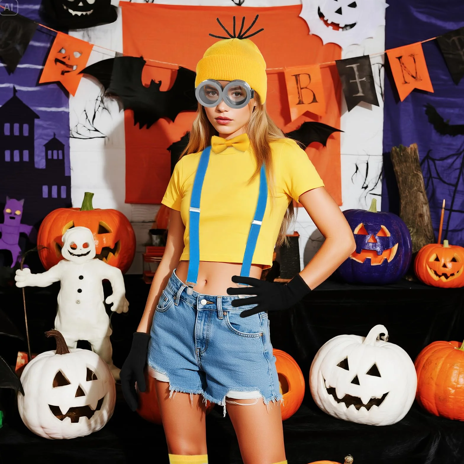 Żółte kostiumy na Halloween, akcesoria, dorośli, dzieci, duże oczy, steampunk, gogle żółte, dzianinowe czapki, czarne rękawiczki, szelki, guziki, Światowy Dzień Książki, kostiumy na Halloween