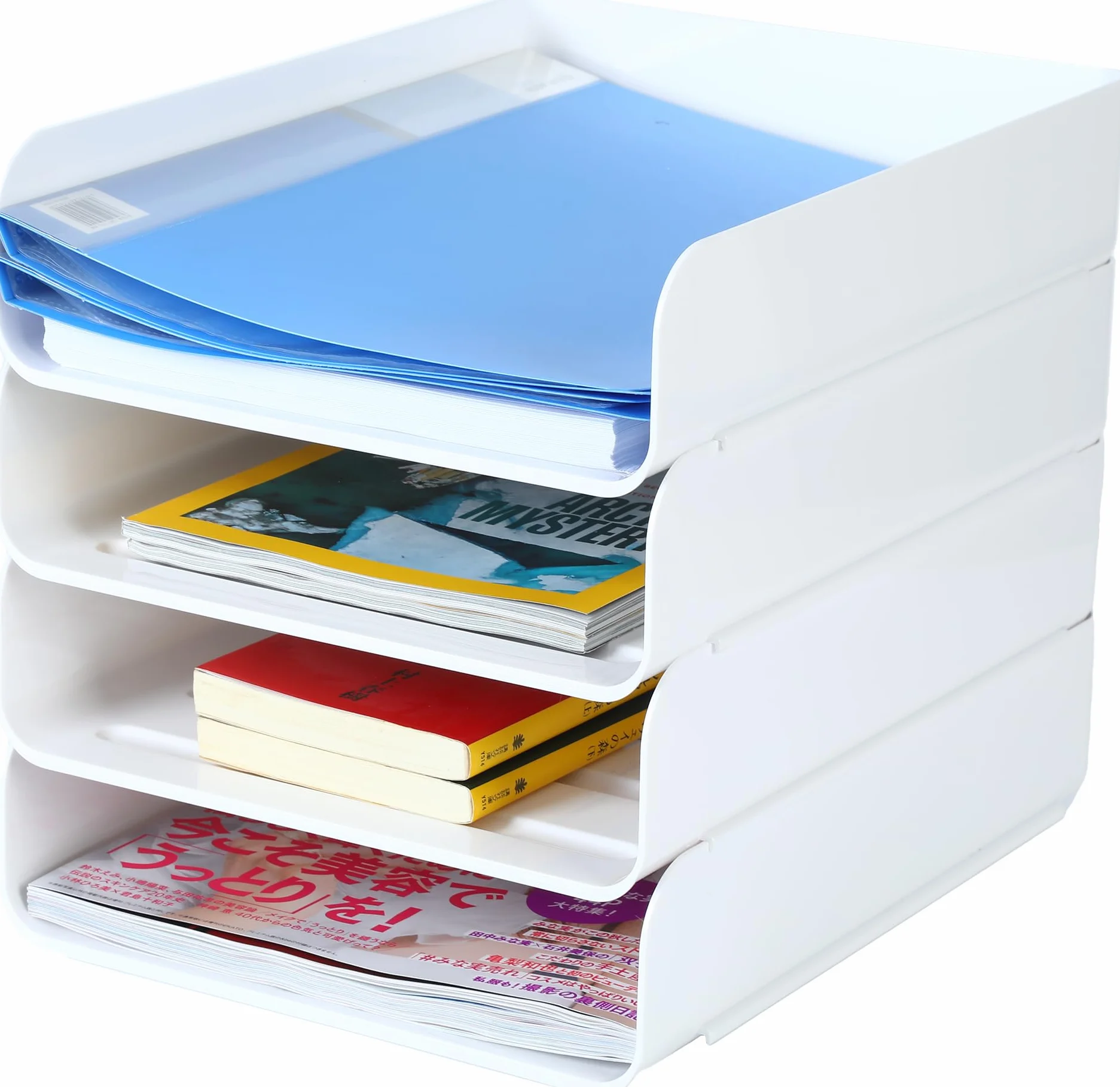 (4 szt. w opakowaniu) tace papierowe do układania w stos, organizer na tacę na listy, organizer na biurko biurowe, uchwyt na papier A4, magazyn z materiałami, dokumenty, paragony (białe)