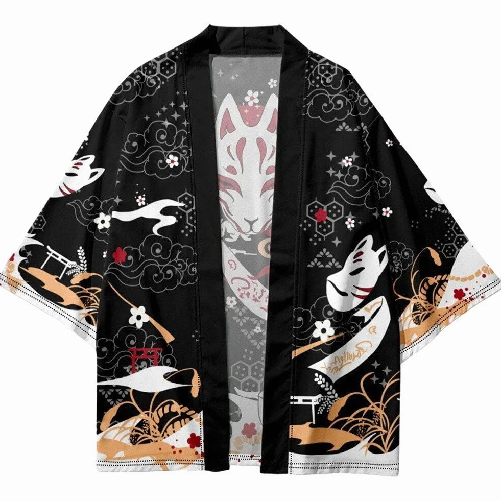 Letni Kreskowy Lis Drukowany Kimono Kobiety Mężczyźni Japoński Haori Streetwear Kardigan Yukata Cosplay Samuraj Streetwear