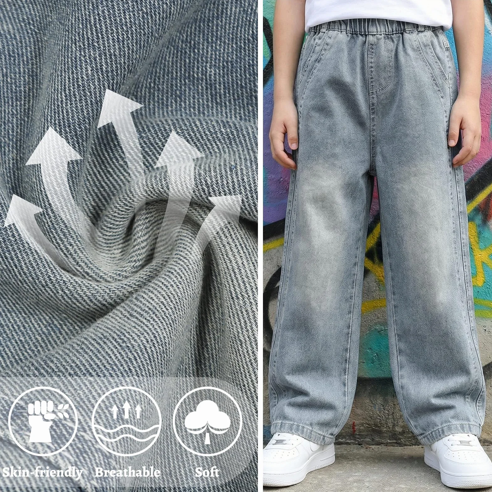 Chłopięce luźne dżinsy z elastyczną talią bojówki z kieszeniami, luźne jeansowe spodnie streetwear dla dzieci w wieku 7-15 lat