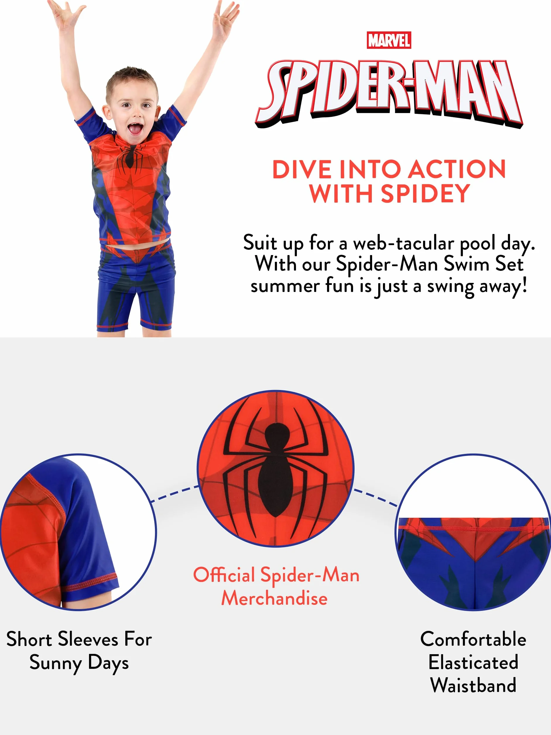 Marvel Spiderman kostium kąpielowy dla chłopców | dwuczęściowy strój kąpielowy dla chłopców | koszulka i kąpielówki dla chłopców | oficjalny produkt Spiderman