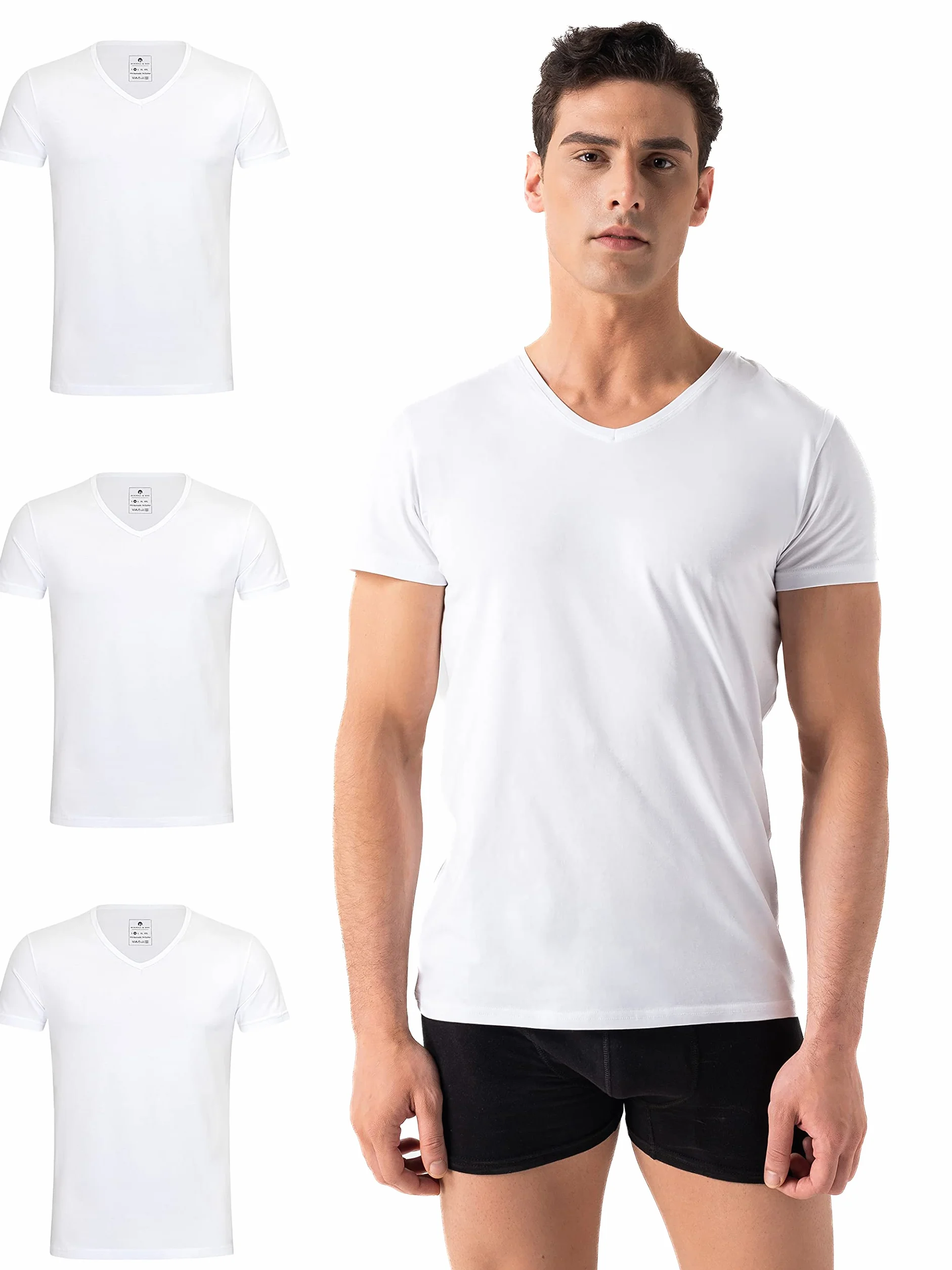 Burnell & Son Biznesowy podkoszulek z krótkim rękawem i dekoltem w serek, dla mężczyzn, z oddychającej bawełny, Slim Fit, 4 i 8 sztuk w opakowaniu