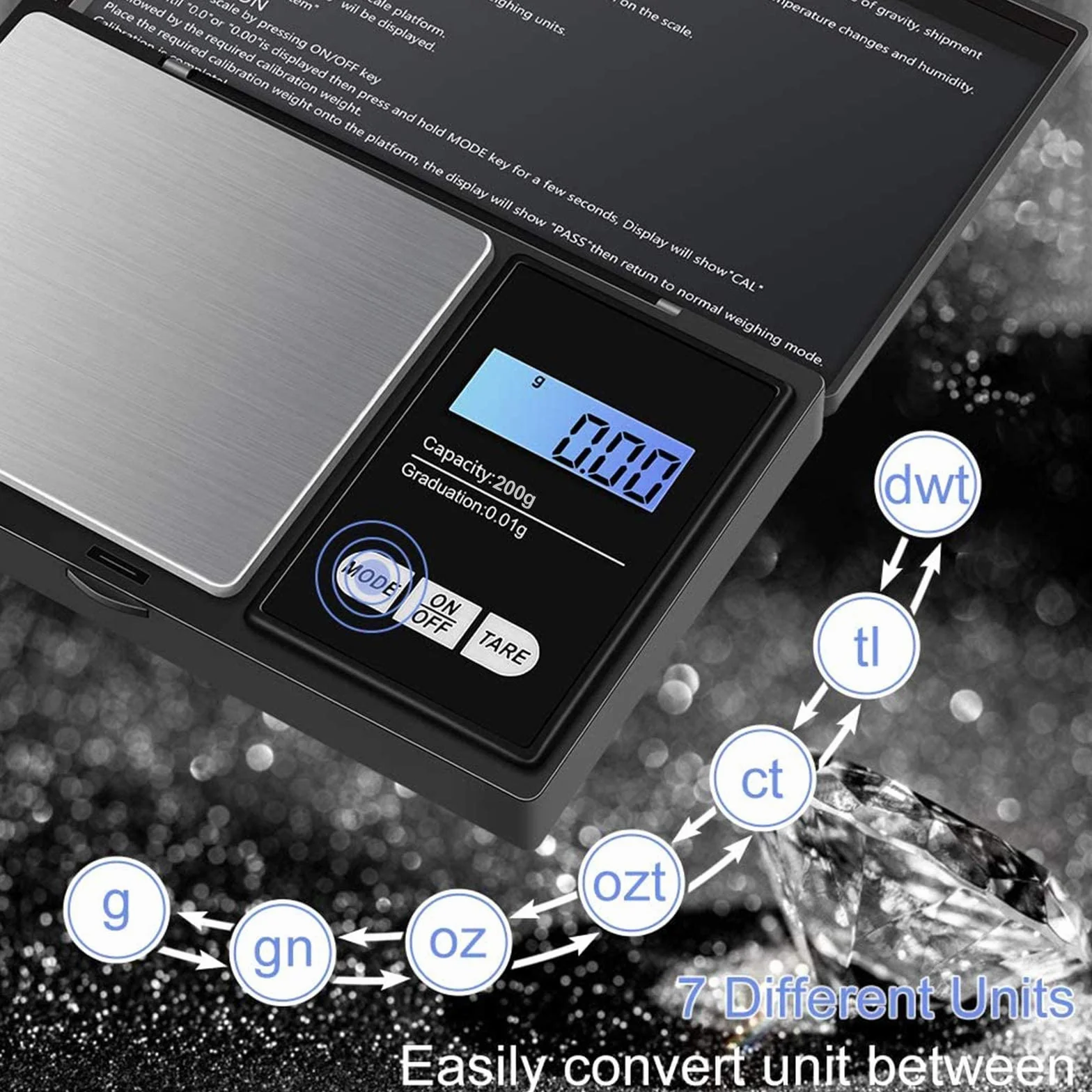 Waga kieszonkowa 500 g / 0,01 g cyfrowa waga pocztowa mini waga gramowa z podświetlanym wyświetlaczem LCD i 7 jednostkami waga precyzyjna cyfrowa waga cyfrowa waga do monet waga do biżuterii,