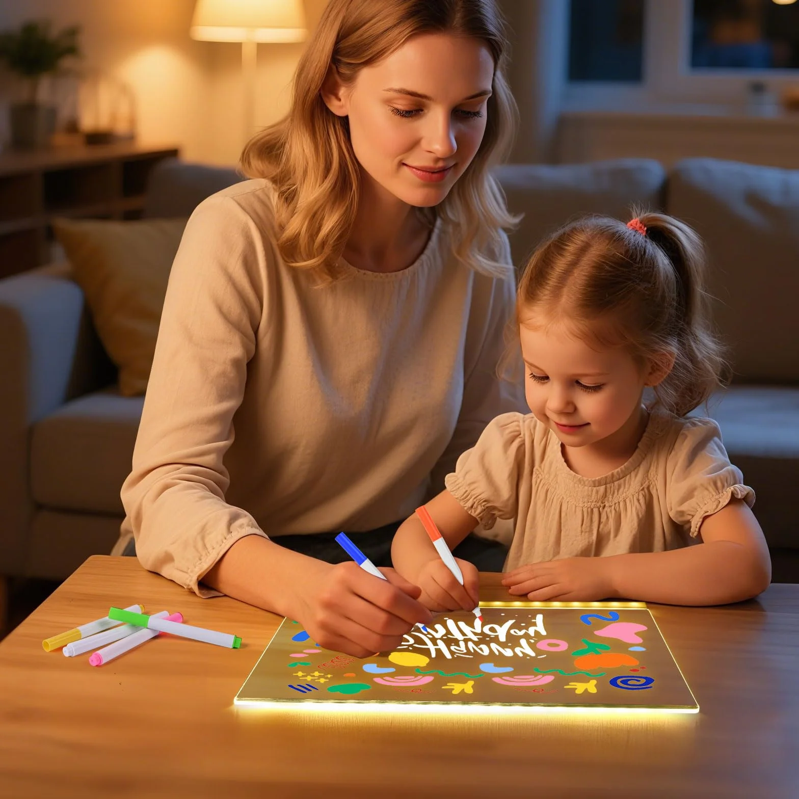 Tablica kreślarska LED, 30 x 20 cm, świecąca deska kreślarska LED dla dzieci, z 7 kolorami i regulowanym stojakiem, zmywalna tablica do malowania LED, tablica do rysowania, notatek i reklam