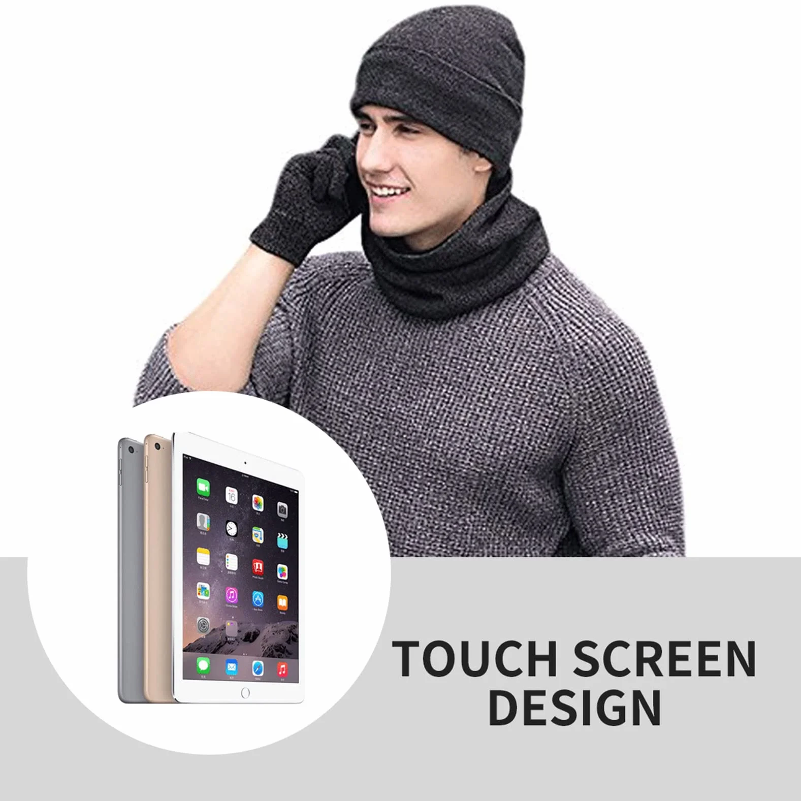 Komplet czapka szalik rękawiczki dla mężczyzn i kobiet, na zimę, z dzianiny, termiczny beanie, snood i rękawiczki z ekranem dotykowym, miękka podszewka z polaru, czapka zimowa dla mężczyzn i