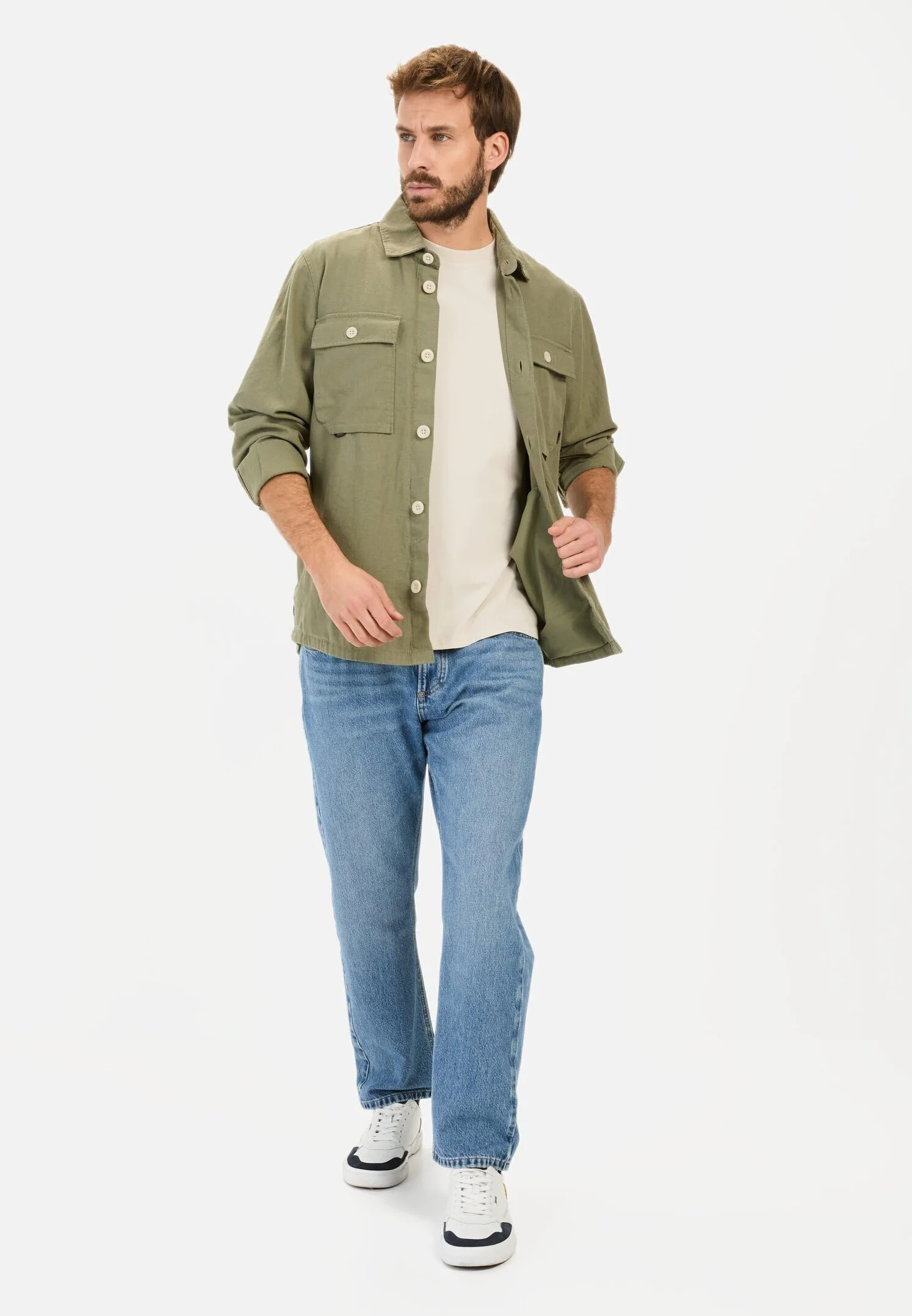 camel active Męski overshirt z mieszanki lnu i bawełny, ciemnozielony, M