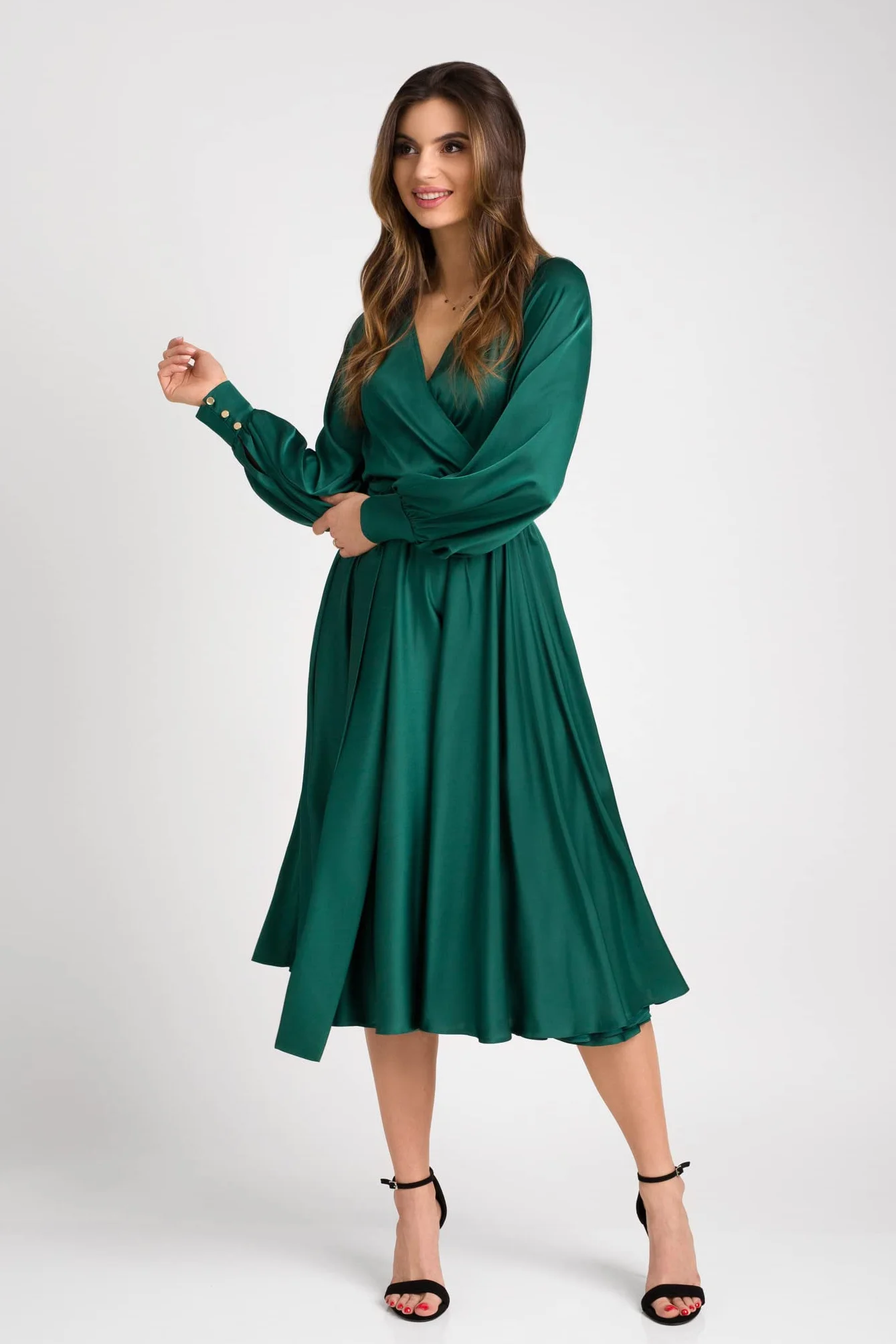 Swing Fashion Sukienka midi damska, elegancka sukienka, odświętna, na imprezę, wieczorowa, na wesele, bal, dekolt w serek, z długim rękawem, beżowa, rozm. 36 (rozmiar S) Kobiety Allison