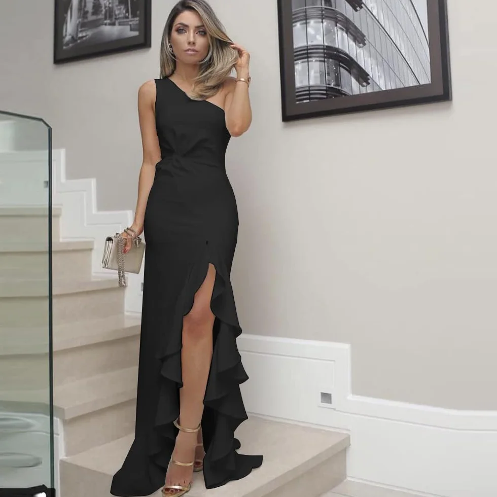 Elegancka sukienka damska, długa sukienka wieczorowa, jedno ramię, jednolity kolor, wysoka sukienka z rozcięciem, sukienka bez rękawów, seksowna sukienka bodycon, suknie koktajlowe, wesele,