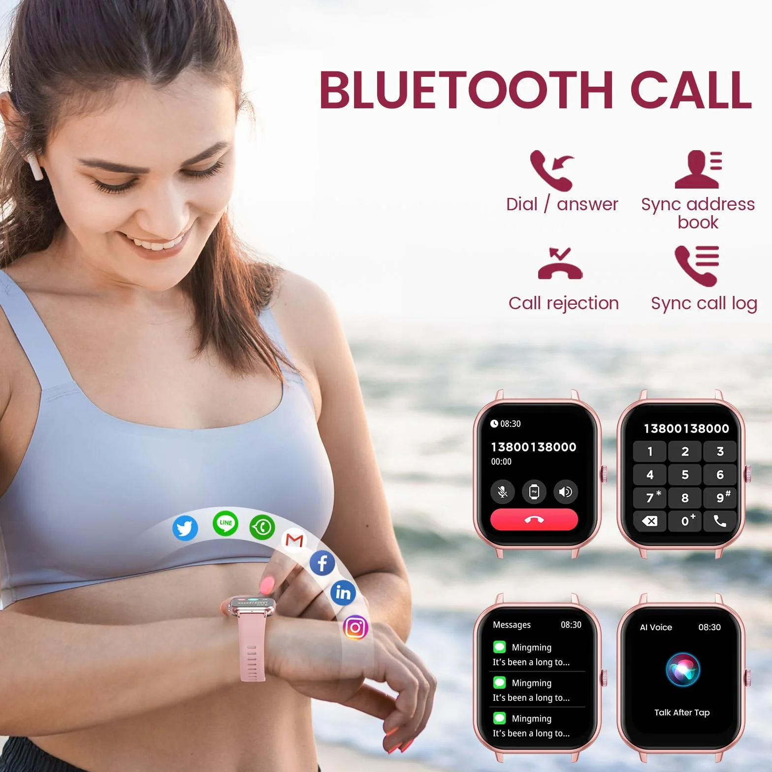 Damski zegarek Smartwatch Sport z Fittness: Zegarki Smart Watch Wykonuj lub odbieraj połączenia z monitorem tętna Ciśnienie krwi SpO2 Sen Krokomierz IP67 Wodoodporny dla Android iOS