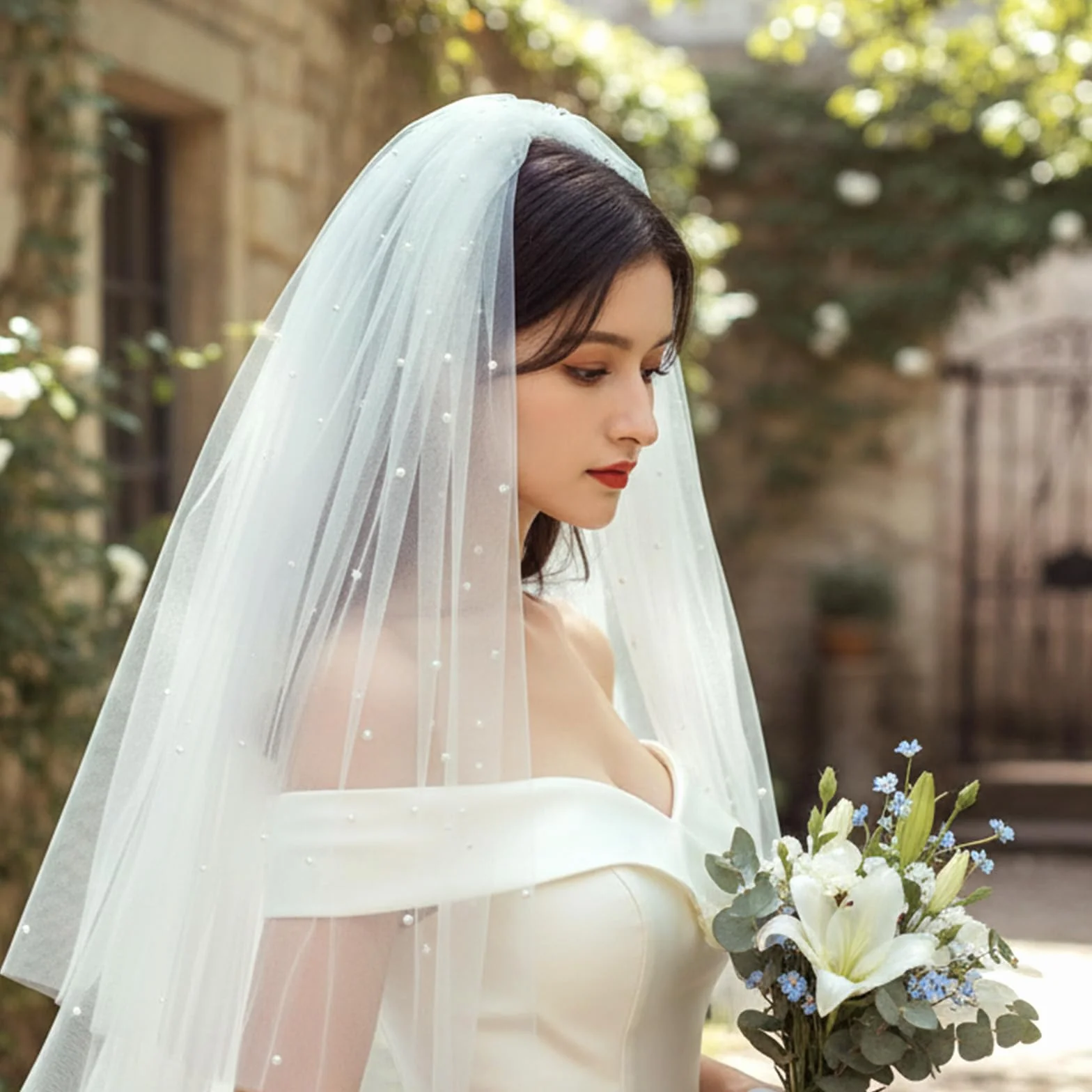 Tucnoeu Bride welon perłowy krótki welon, welony ślubne dla panny młodej - eleganckie białe welony ślubne z perłami na ślub wieczór panieński