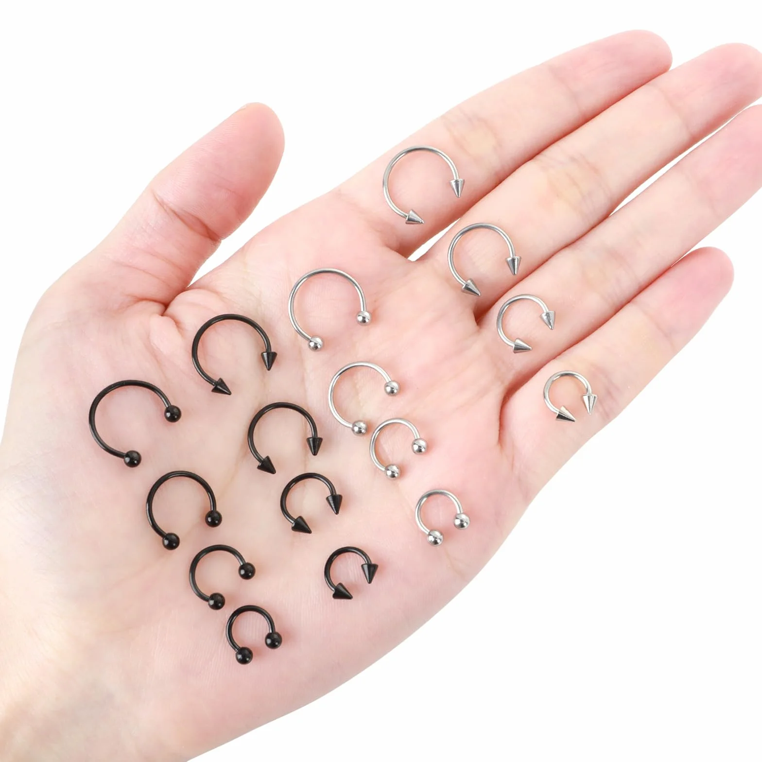 Tucnoeu 32 sztuki kolczyków do piercingu nosowy, kolor czarny, srebrny, z zapasowym stożkiem, zestaw do pierceingu nosowy, dla kobiet i mężczyzn, Stal