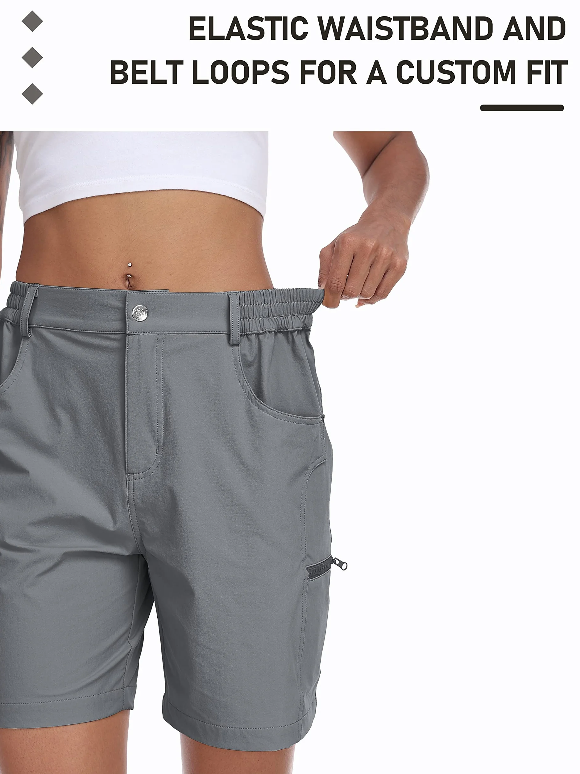 MoFiz Spodenki Cargo Damskie Hiking Shorts Lekkie Elastic Trekking Spodnie robocze Wodoodporny z kieszeniami, Szary, L