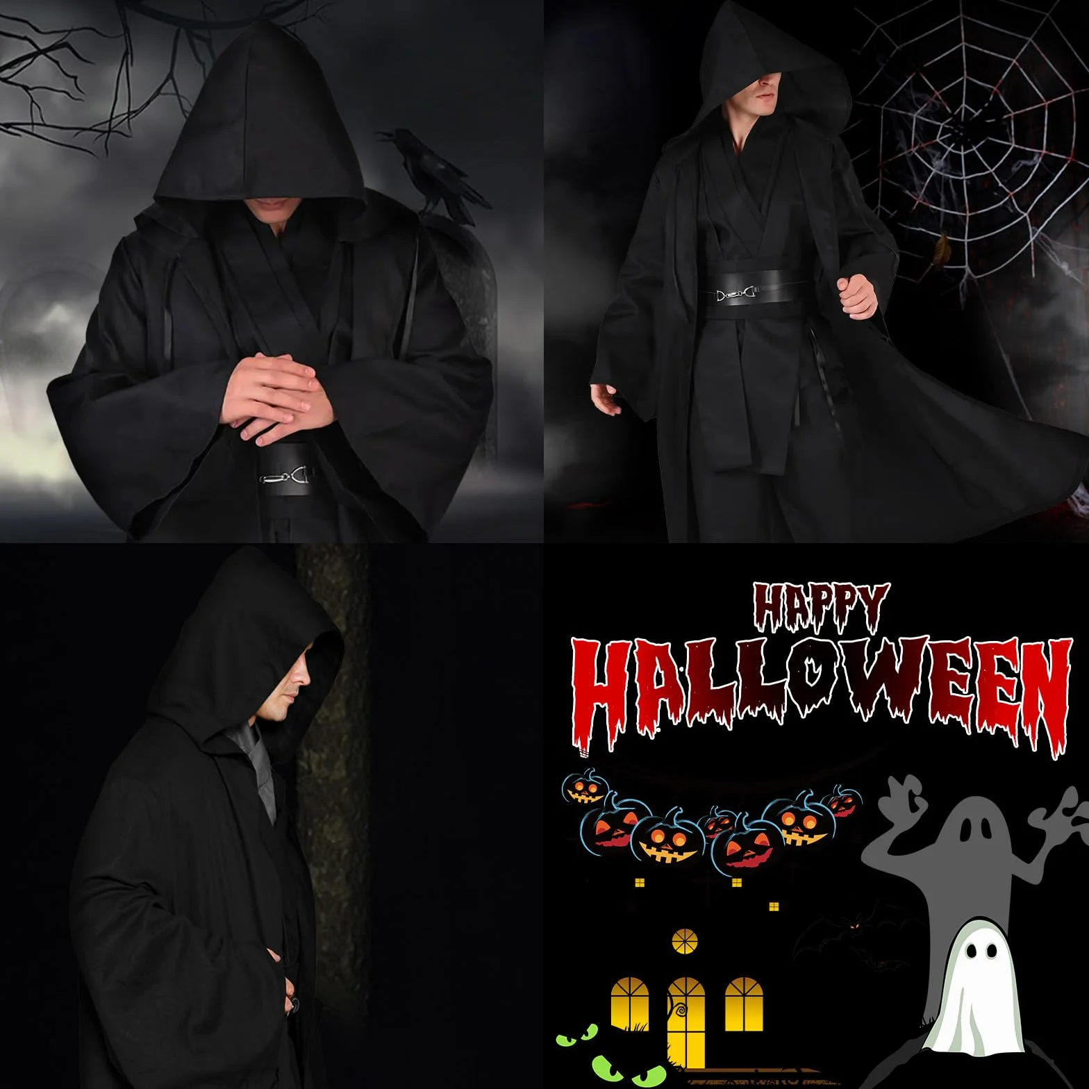 Kostium męski na Halloween – czarna peleryna z kapturem, długa peleryna z horroru dla dorosłych 175-185 cm, idealna jako kostium ghostface, kostium ponury lub peleryna wampira