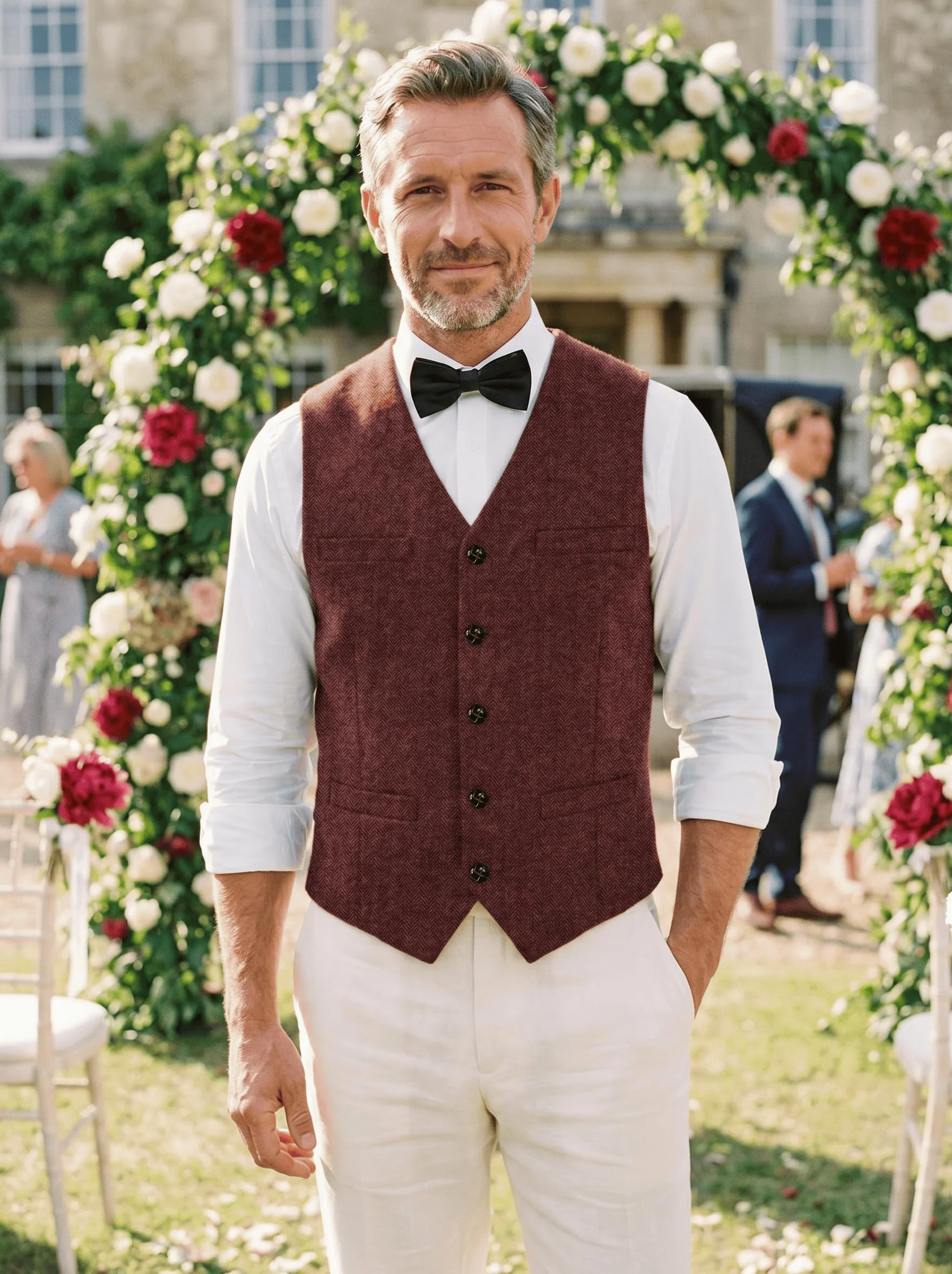 Solovedress Męska kamizelka z wełny w jodełkę, kamizelka, dekolt w serek, tweed, kamizelka na wesele