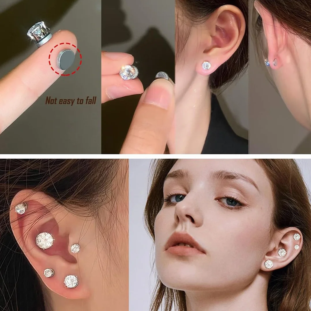 2 pary magnetycznych kolczyków ze stali nierdzewnej dla mężczyzn i kobiet unisex bez przekłuwania fałszywych magnesów zestaw kolczyków, 6/8 mm, srebrny, M, Stal nierdzewna