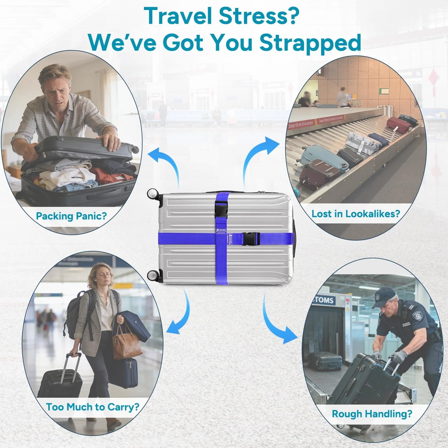 travel inspira paski do walizek, 2 sztuki, 104–195 cm, regulowane paski na walizki, efektowne paski na walizki do identyfikacji – paski na walizki do walizek podróżnych 20"–32" (niebieskie)