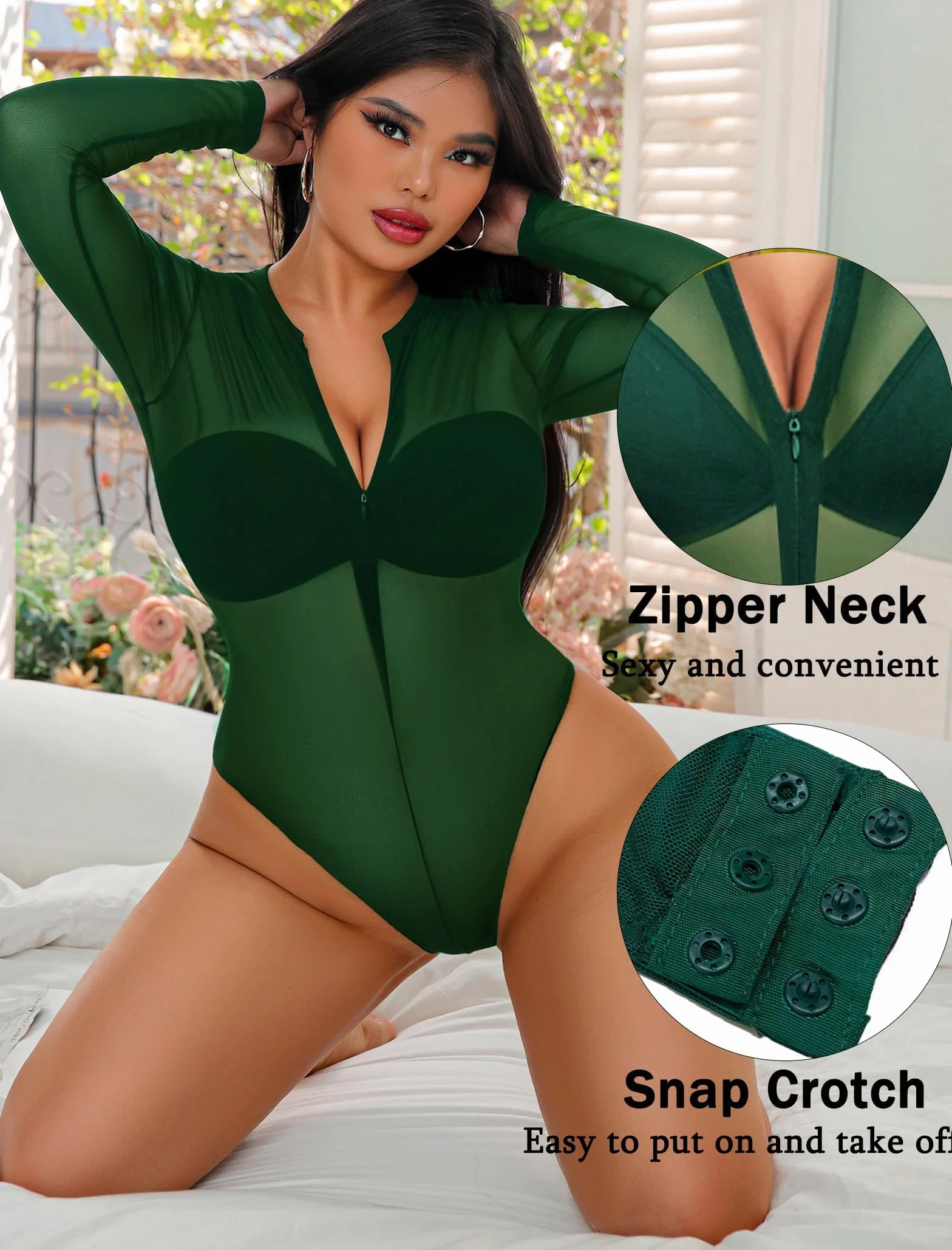Avidlove Seksowne body damskie, koronkowe, siateczkowe, eleganckie body, zamek błyskawiczny, bluza z długim rękawem, koszulka na imprezę, strój klubowy