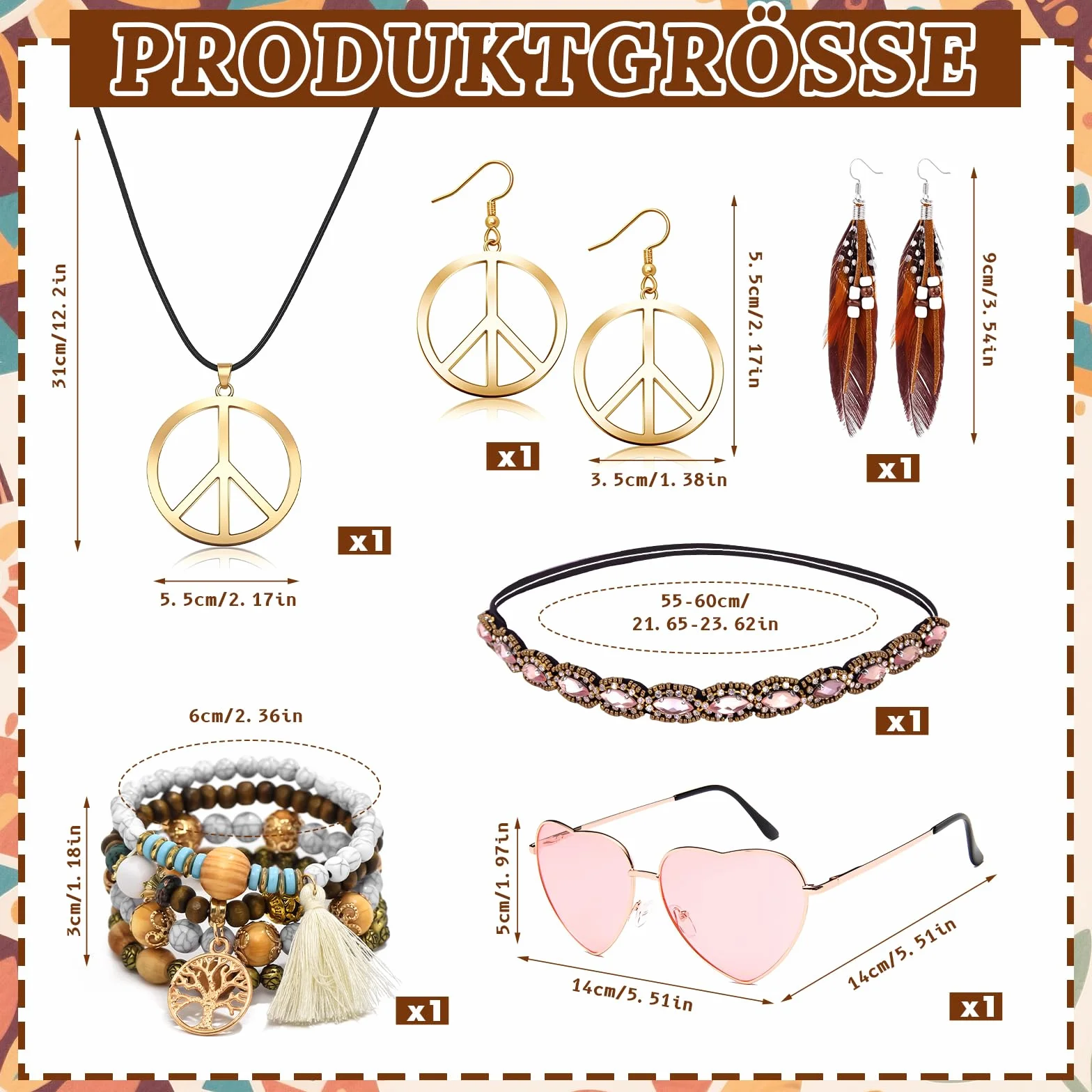 7-częściowy zestaw akcesoriów hipisowskich, kostium hipisowski, zestaw dla kobiet, akcesoria hipisowskie, hipisowskie okulary przeciwsłoneczne, styl boho, kryształowa opaska na czoło, naszyjnik z