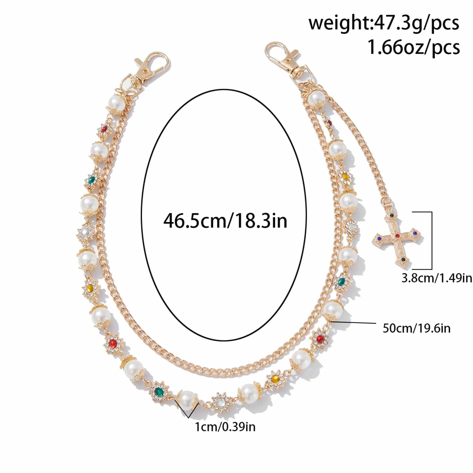 Wielowarstwowy łańcuszek do spodni z koralikami i wisiorkiem w kształcie krzyża, modny dla kobiet i mężczyzn, Punk Y2K Wallet Chain Gold do dżinsów, spodni, kieszeni, sznurka, torebki, portfela