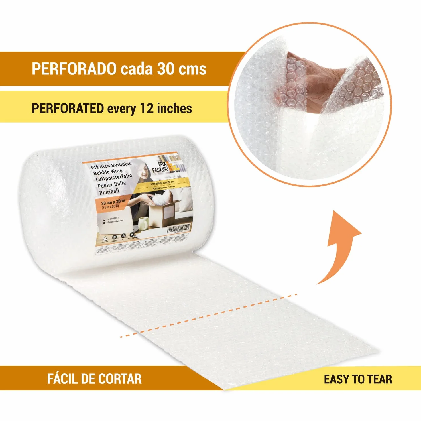 BOXPACKING | Plastikowe opakowanie bąbelkowe perforowane | 30 cm szerokości x 20 m długości | Bubble Packaging Roll Paper Ruch | Bubble Paper