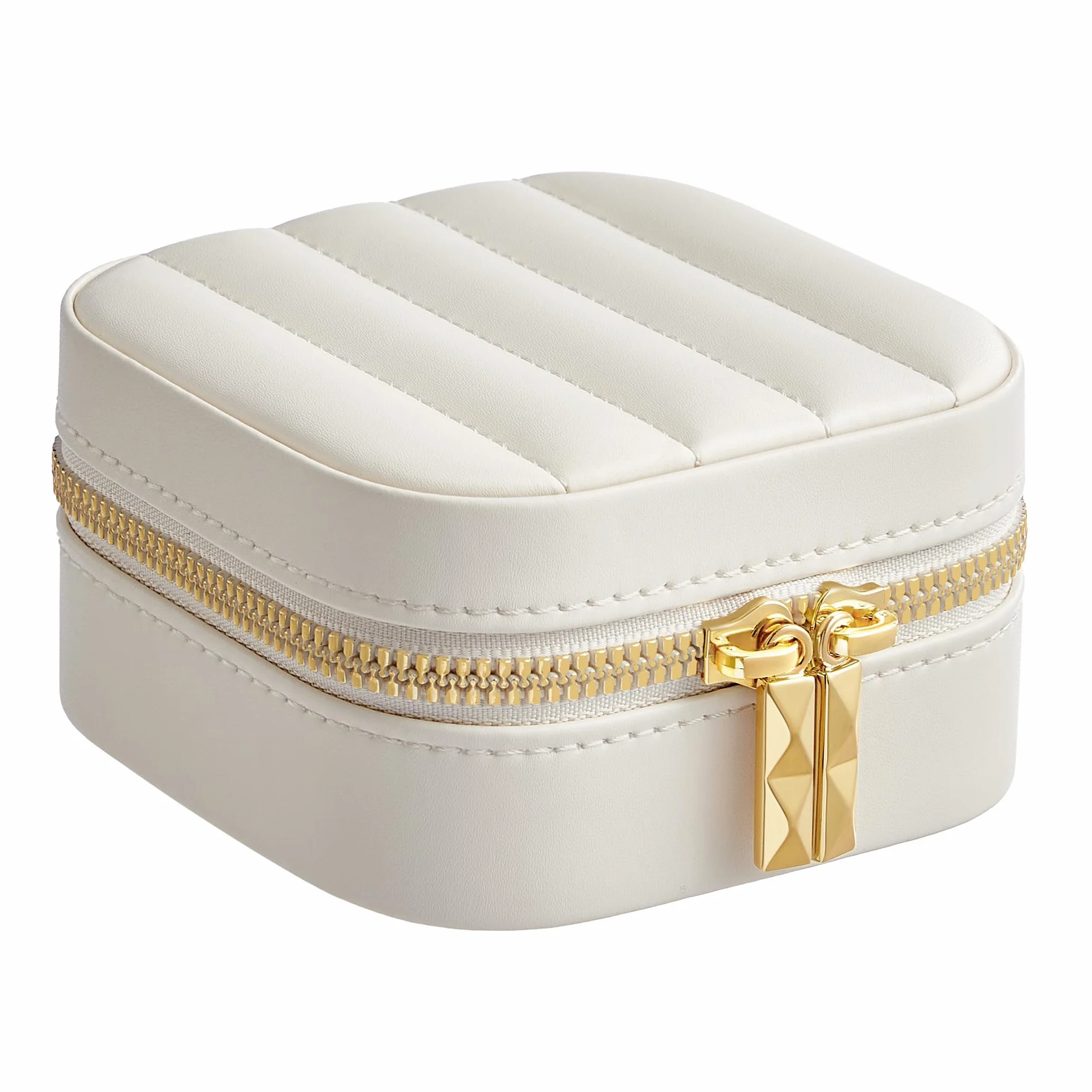 SONGMICS HOME Kolekcja ANAH - Podróżne pudełko na biżuterię, mały schowek na biżuterię z lusterkiem, 10,5 x 10,5 x 6 cm, PU ze szwami, zamek błyskawiczny, pomysł na prezent, chmurna biel JBC179W01