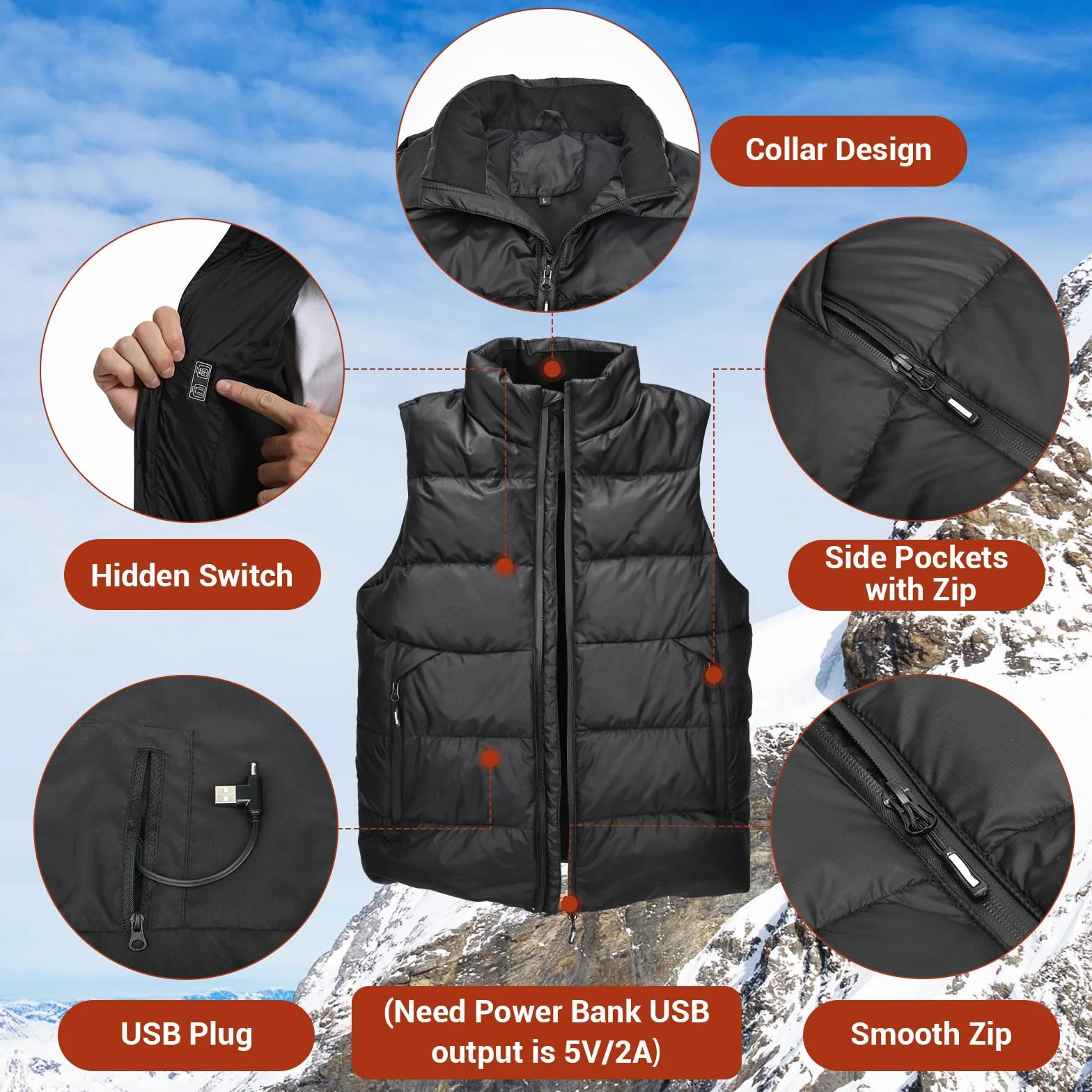 Podgrzewana kamizelka puchowa dla mężczyzn i kobiet, podgrzewana kamizelka z wtyczką USB, 3 regulowane temperatury, 15 stref grzewczych, podgrzewana kamizelka outdoorowa, do wypoczynku na świeżym