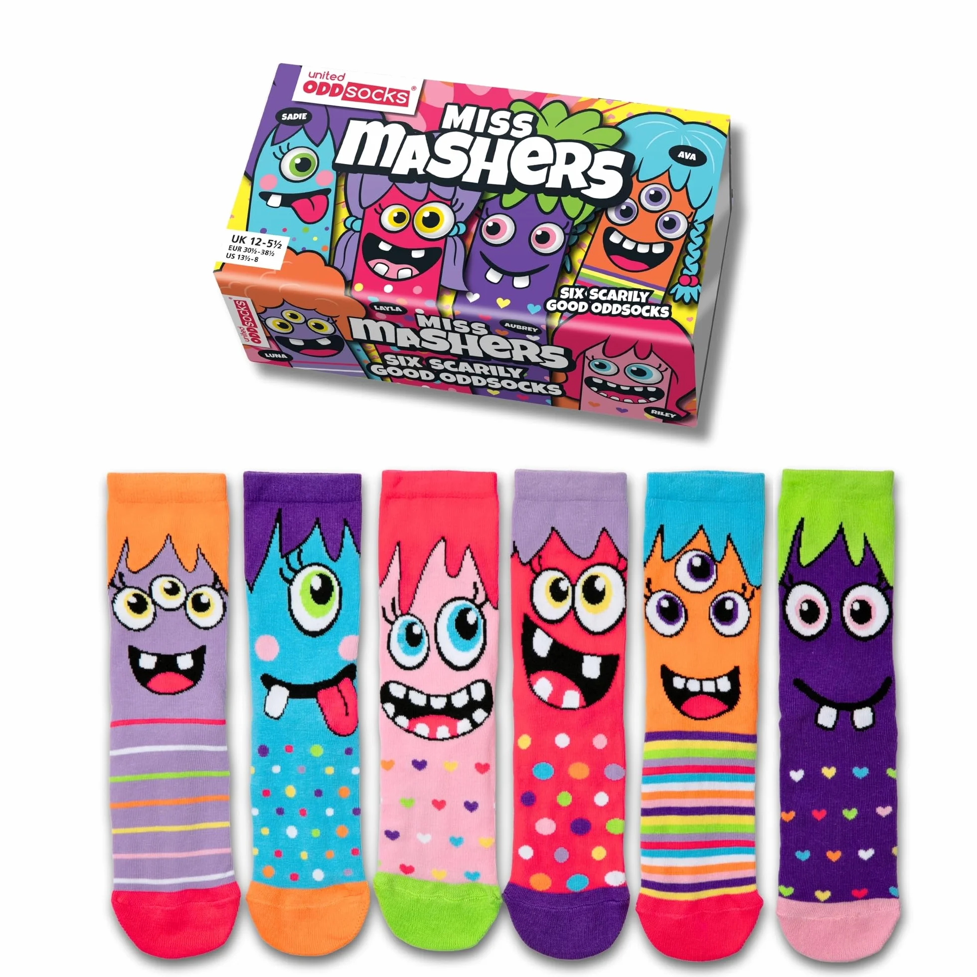 United Oddsocks - Miss Mashers - Zestaw 6 zabawnych skarpet dla dziewczynek, EUR 30,5-38,5, Multicoloured, 30,5-38,5