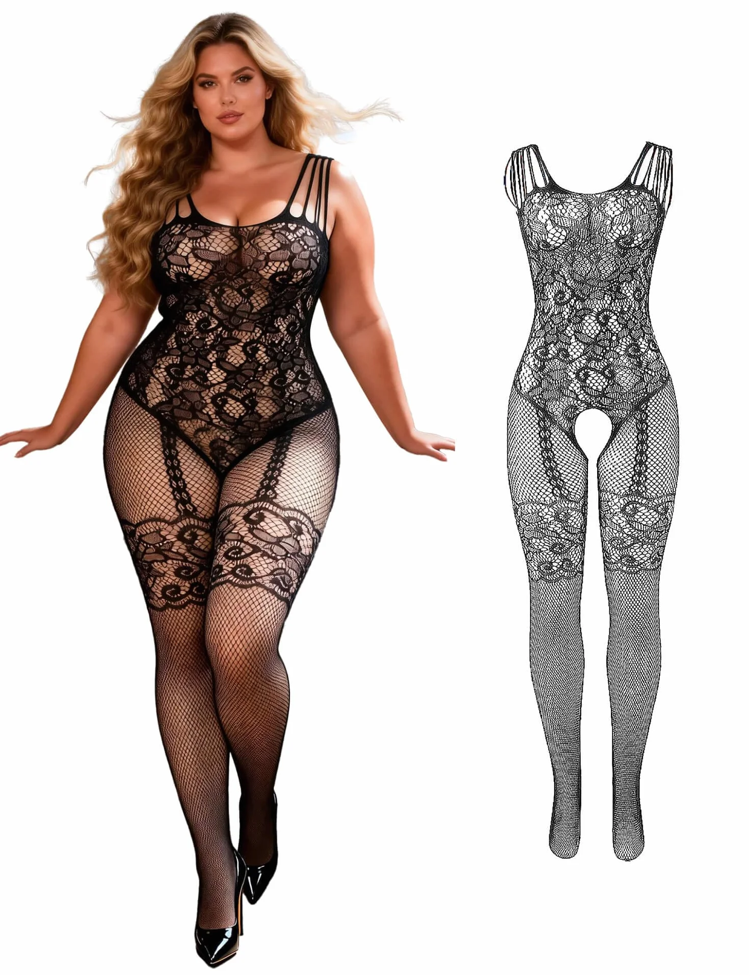 comeondear Bodystocking Ouvert damska bielizna erotyczna, XS-5XL, seksowny kombinezon typu fishnet body, rajstopy o dużych rozmiarach, bielizna erotyczna, zakrzywiona siatka rybna, body z otwartym