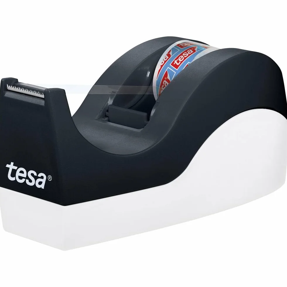 Dyspenser biurkowy tesa Easy Cut ORCA – antypoślizgowy, łatwy w użyciu, precyzyjnie odcinający taśmę, w zestawie z 1 rolką taśmy tesafilm Crystal Clear 10m x 19mm