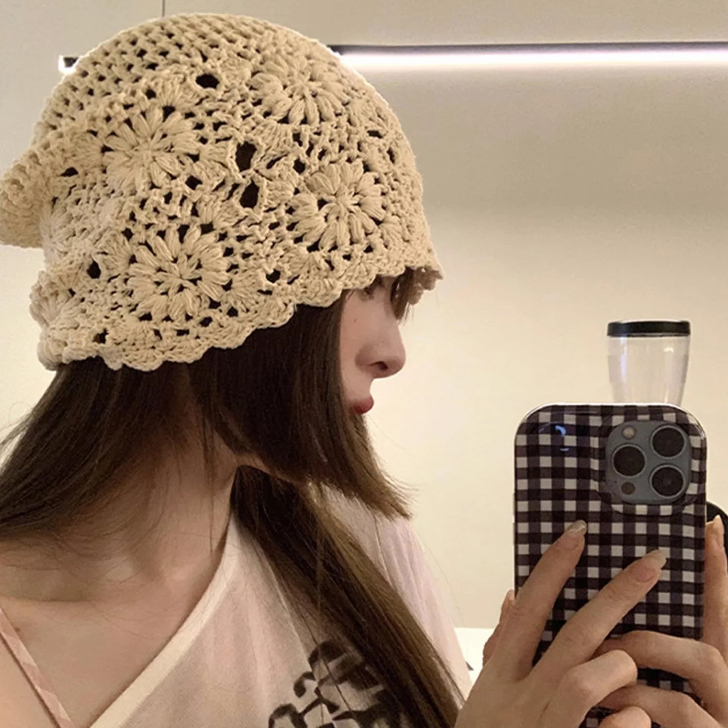 1 sztuka szydełkowa czapka bawełniana, letnia luźna czapka beanie, cienka czapka bawełniana, szydełkowa czapka, czapka damska, pasuje do różnych kształtów głowy i twarzy (beżowa)